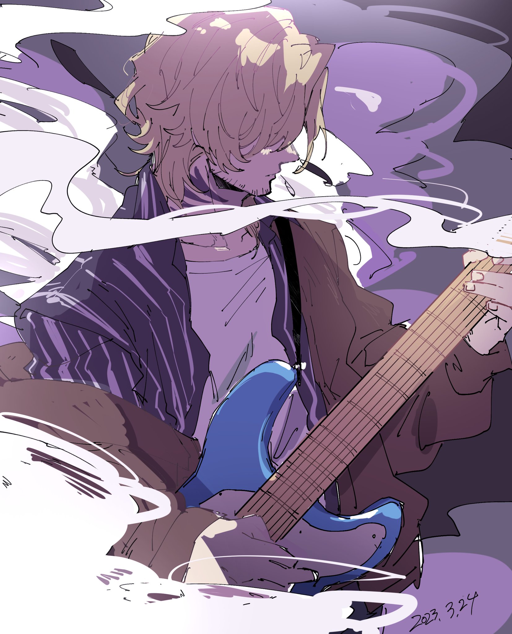 nekoma hikaru, band yarouze!, commentary request, highres, 1boy, blonde hair, brown jacket, closed mouth, collarbone, guitar, holding, holding guitar, holding instrument, instrument, jacket, male focus, music, playing guitar, playing instrument, rafael (band yarouze), shirt, short hair, smoke, solo, sparse stubble, striped clothes, striped shirt, white shirt