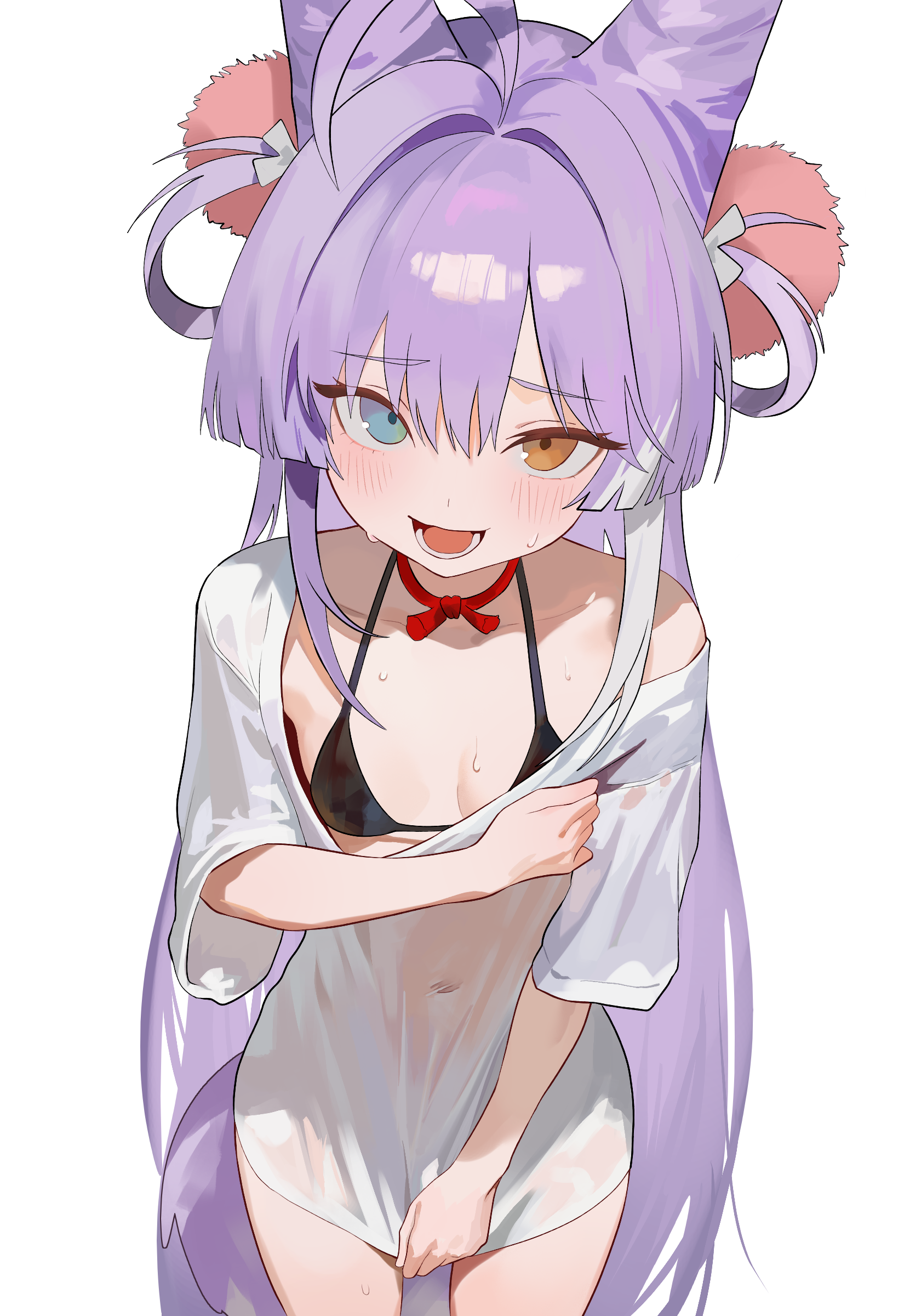 nbee ya, tenko shibuki, stellive, absurdres, commentary request, highres, 1girl, ahoge, bikini, black bikini, blue eyes, blush, breasts, brown eyes, clothes pull, collarbone, cone hair bun, cowboy shot, hair bun, hair ornament, hair rings, heterochromia, long hair, lower teeth only, multicolored hair, navel, no pants, open mouth, pom pom (clothes), pom pom hair ornament, purple hair, see-through clothes, see-through shirt, shirt, shirt pull, short sleeves, simple background, single bare shoulder, small breasts, solo, streaked hair, sweatdrop, swimsuit, t-shirt, tail, teeth, very long hair, virtual youtuber, wet, wet clothes, wet shirt, white background, white hair, white shirt, white streaks