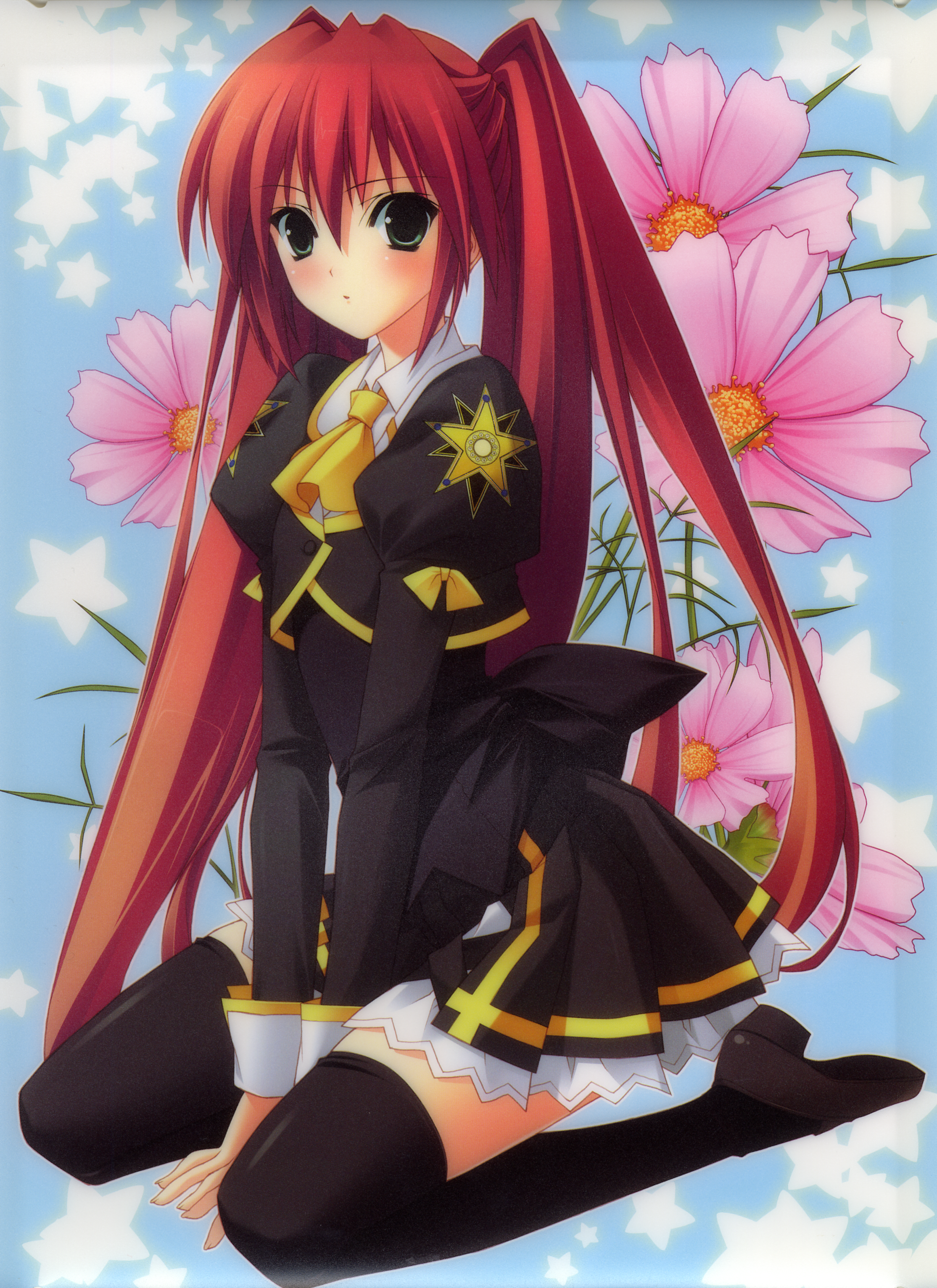 suzuhira hiro, izumi sora, stellar theater, uniform, absurdres, highres, 1girl, black thighhighs, blush, female focus, flower, green eyes, kneeling, long hair, red hair, shoes, solo, star (symbol), star symbol background, thighhighs, twintails, zettai ryouiki