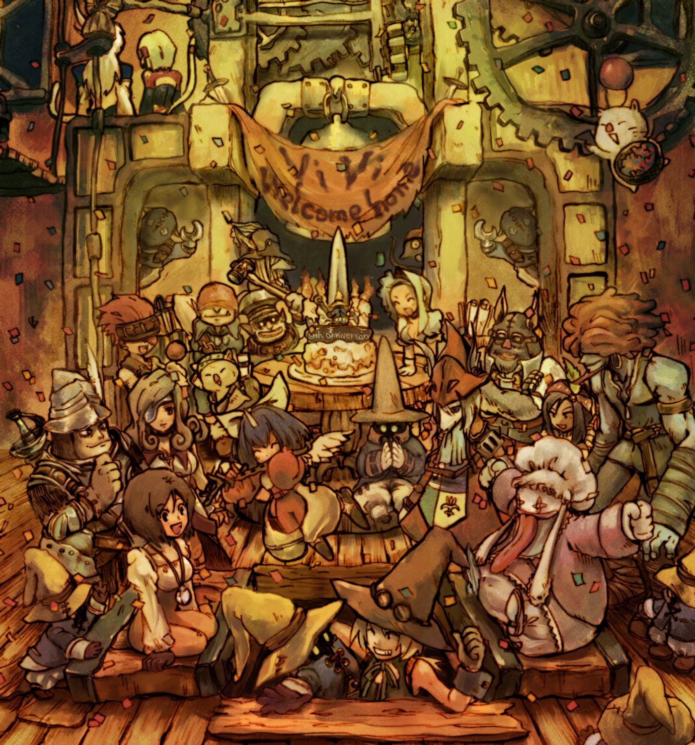 oosaki hirao, adelbert steiner, amarant coral, baku (ff9), beatrix, black mage (final fantasy), blank (ff9), cinna (ff9), dragoon (final fantasy), eiko carol, freya crescent, garnet til alexandros xvii, kuja, lani (ff9), marcus (ff9), mikoto (ff9), mikoto (ffix), moogle, nero brothers, quina quen, ruby (ff9), vivi ornitier, zidane tribal, final fantasy, final fantasy ix, square enix, bad id, bad pixiv id, highres, 00s, 6+boys, 6+girls, anniversary, armor, black hair, blonde hair, blue hair, bow, breasts, brown hair, cake, child, cleavage, dark skin, dragoon, english text, everyone, eyepatch, flute, food, gears, gloves, goggles, hair bow, hammer, hat, horns, instrument, large breasts, mask, multiple boys, multiple girls, obelisk, pastry, ribbon, short hair, sword, weapon, witch hat, wizard hat