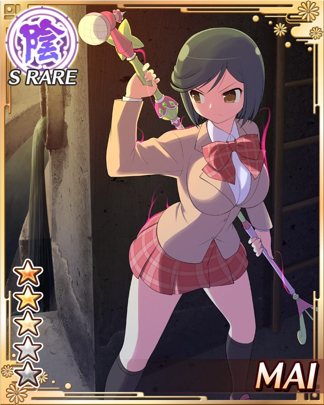 mai (senran kagura), senran kagura, senran kagura new wave, game cg, official art, 1girl, aura, black hair, border, bow, bowtie, breasts, brown eyes, card (medium), character name, closed mouth, english text, frown, hiding, holding, holding behind back, holding microphone stand, holding weapon behind back, jacket, large breasts, microphone stand, official alternate costume, orange jacket, plaid bow, plaid bowtie, plaid clothes, plaid skirt, red bow, red bowtie, red skirt, school uniform, shirt, short hair, skirt, solo, swept bangs, white shirt