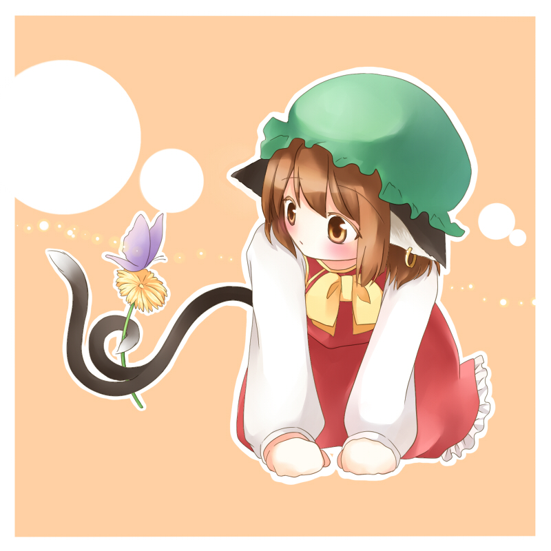 mito tsubaki, chen, touhou, bad id, bad pixiv id, 1girl, animal ears, brown hair, bug, butterfly, cat ears, cat girl, cat tail, earrings, female focus, flower, green hat, hat, insect, jewelry, mob cap, multiple tails, outline, prehensile tail, short hair, solo, tail, white outline