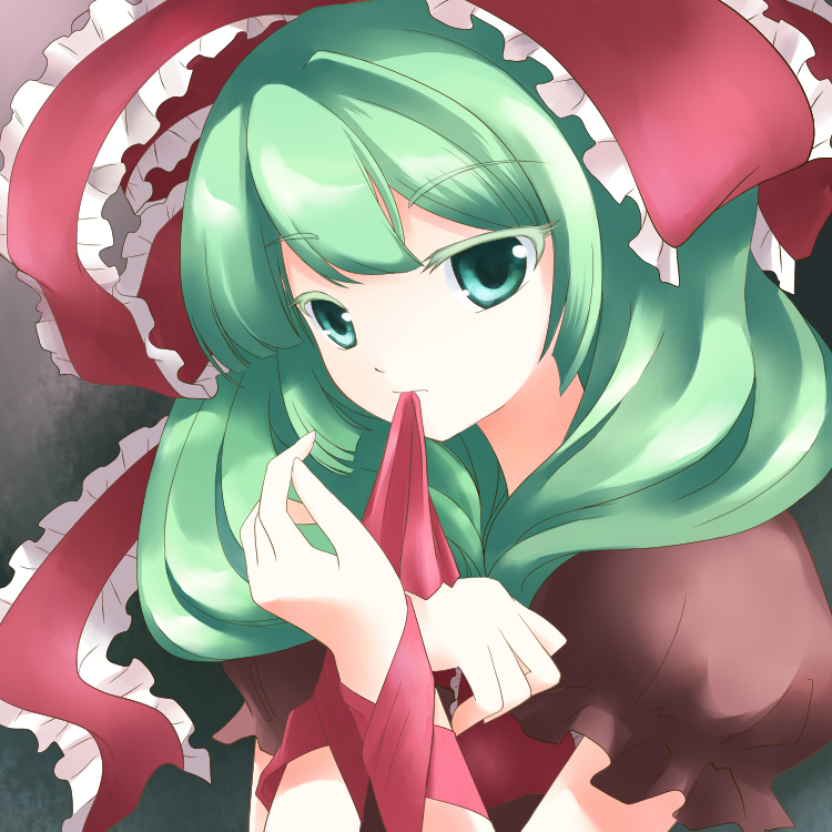 mito tsubaki, kagiyama hina, touhou, bad id, bad pixiv id, 1girl, female focus, green eyes, green hair, hair ribbon, matching hair/eyes, mouth hold, ribbon, short hair, solo