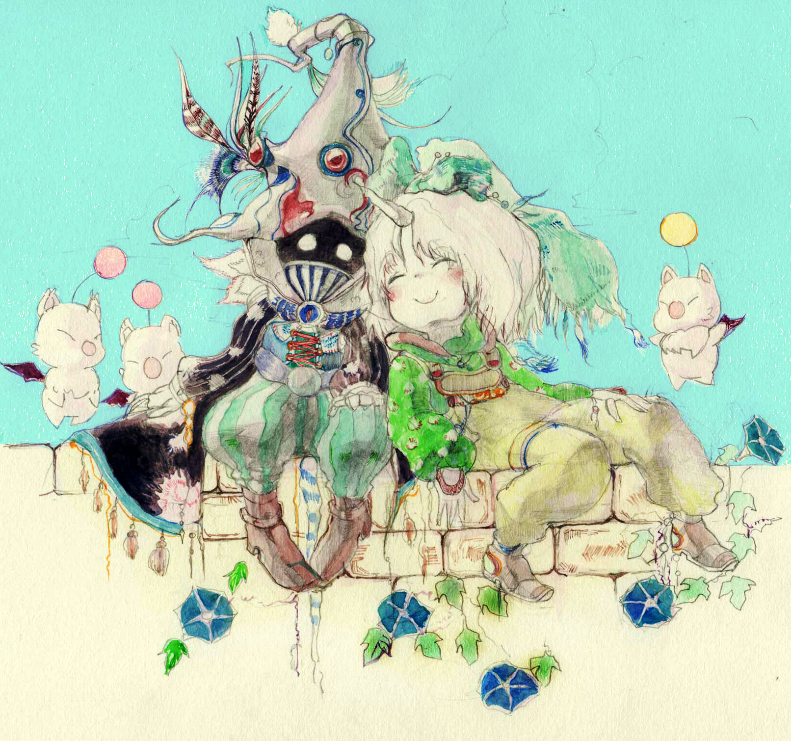 mannan hatake, black mage (final fantasy), eiko carol, moogle, vivi ornitier, final fantasy, final fantasy ix, wall, bad id, bad pixiv id, highres, 00s, blue hair, blush, bow, child, gloves, hair bow, hat, horns, short hair, single horn, sitting