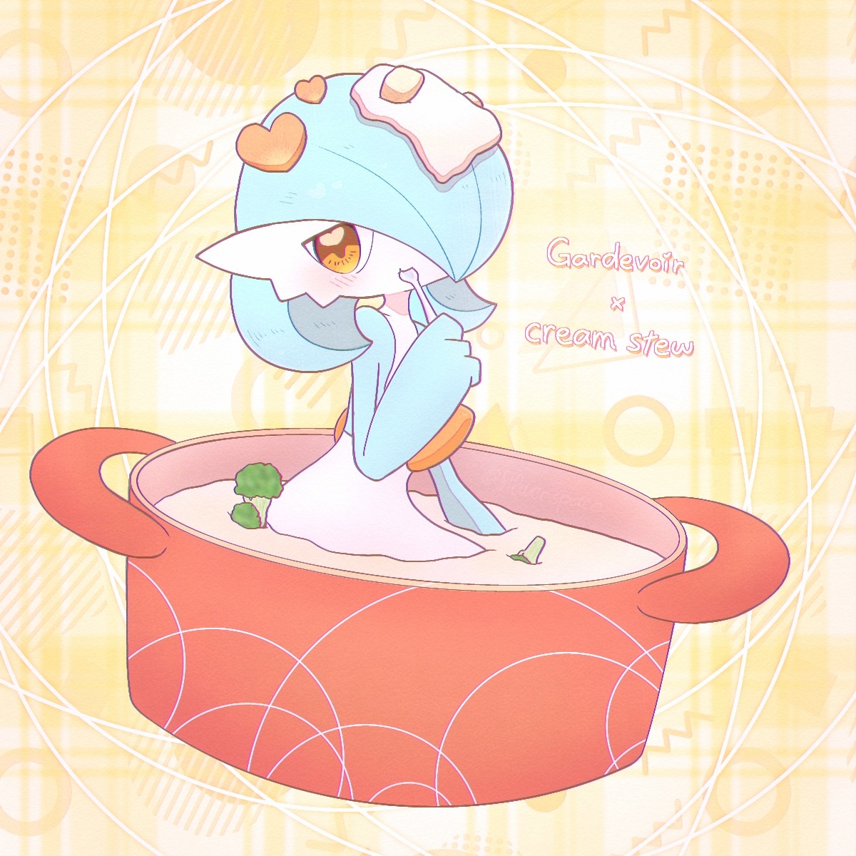 yuri (fl0werspace), gardevoir, nintendo, pokemon, 1girl, :t, alternate color, blue hair, blue skin, blush, bob cut, broccoli, carrot slice, character name, closed mouth, colored skin, cooking pot, eating, english text, female focus, food, food focus, food on head, gen 3 pokemon, hair over one eye, hand up, heart, heart-shaped food, heart in eye, holding, holding spoon, in container, in food, looking at viewer, multicolored skin, object on head, one eye covered, orange eyes, partially submerged, pokemon (creature), shiny pokemon, short hair, solo, spoon, stew, symbol in eye, two-tone skin, white skin, yellow background