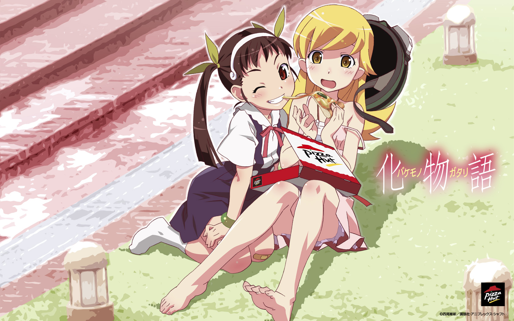 watanabe akio, hachikuji mayoi, oshino shinobu, bakemonogatari, monogatari (series), pizza hut, highres, official art, official wallpaper, 00s, 2girls, barefoot, blonde hair, brown hair, dress, feet, flat chest, food, grass, hair ribbon, helmet, legs, long hair, long legs, multiple girls, one eye closed, outdoors, pizza, pizza box, product placement, red eyes, ribbon, school uniform, sitting, socks, soles, toes, twintails, wink