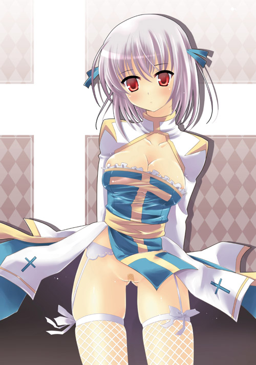 asai ichiko, arch bishop (ragnarok online), ragnarok online, 1girl, albino, bandaid, bandaid on pussy, blush, breasts, censored, cleavage, female focus, fishnet thighhighs, fishnets, garter belt, garter straps, no panties, priest, red eyes, short hair, solo, thighhighs, white hair, wind, wind lift