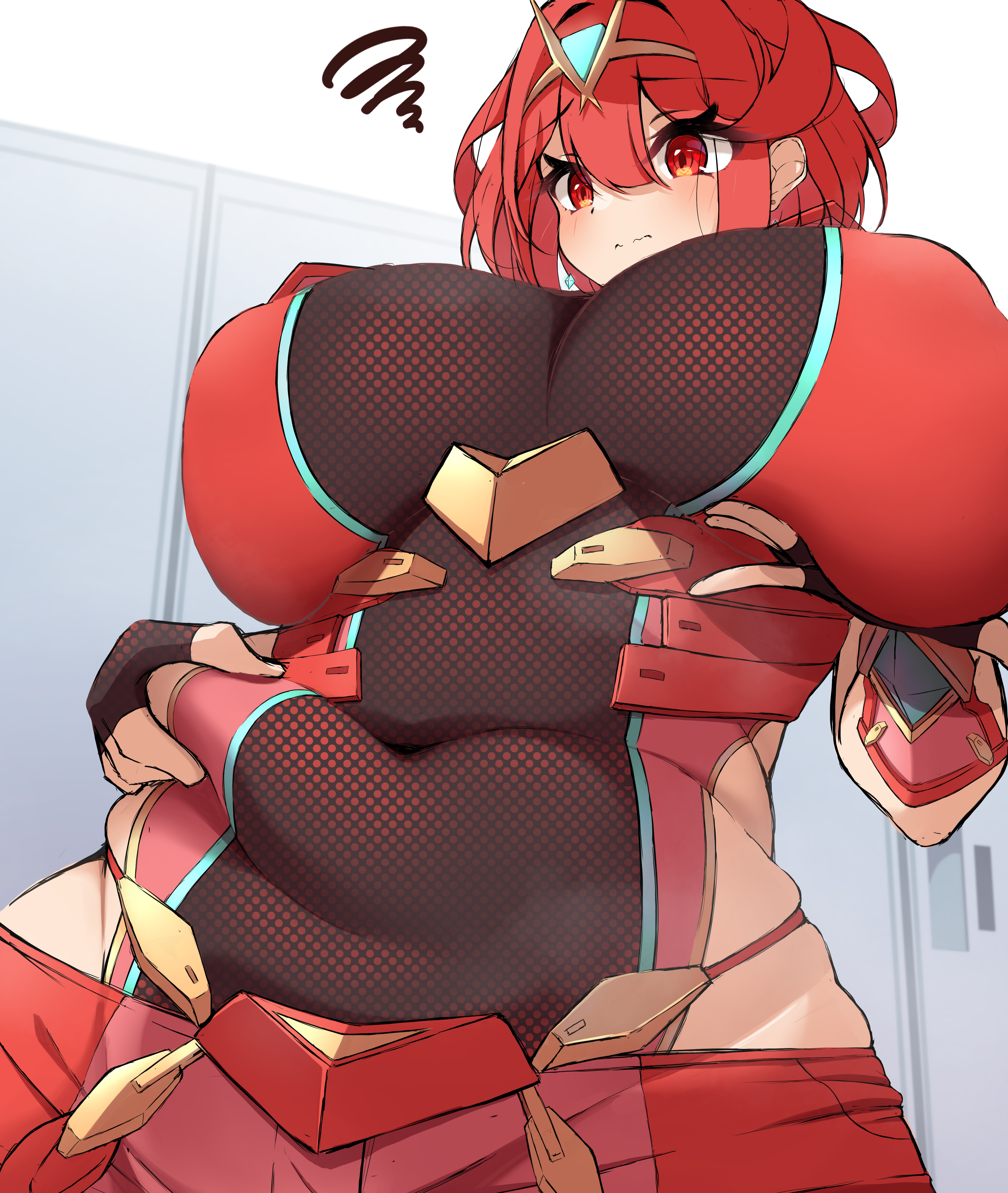 mikan (mika n95), pyra (xenoblade), xenoblade chronicles (series), xenoblade chronicles 2, absurdres, commentary request, highres, 1girl, belly grab, breasts, brown gloves, closed mouth, covered navel, fingerless gloves, gem, gloves, grabbing own stomach, green gemstone, huge breasts, impossible clothes, red eyes, red hair, short hair, solo, tiara, upper body, weight conscious