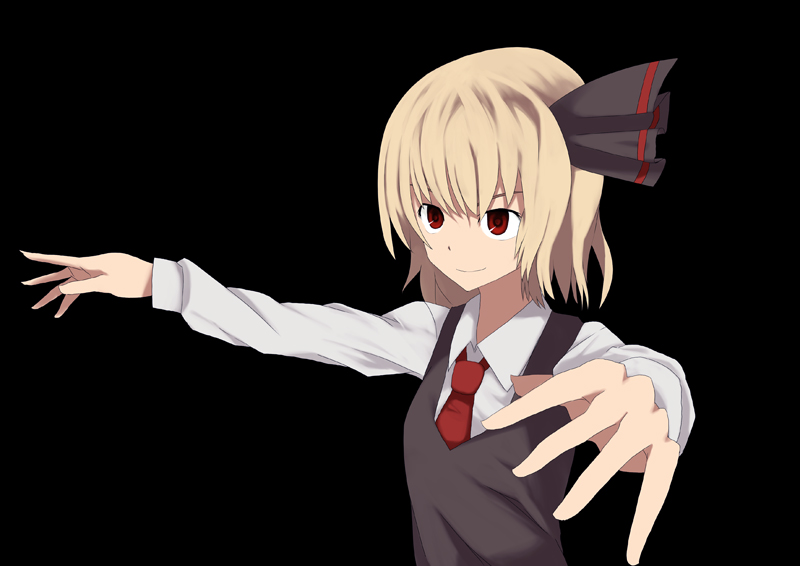 mieharu, rumia, embodiment of scarlet devil, touhou, 1girl, blonde hair, female focus, foreshortening, hair ribbon, necktie, red eyes, red necktie, ribbon, short hair, solo
