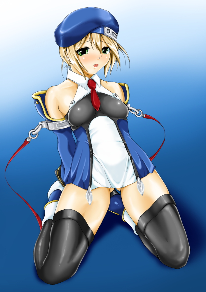 marubonman, noel vermillion, arc system works, blazblue, 1girl, beret, blonde hair, breasts, cleavage, female focus, green eyes, hat, kneeling, solo, thighhighs