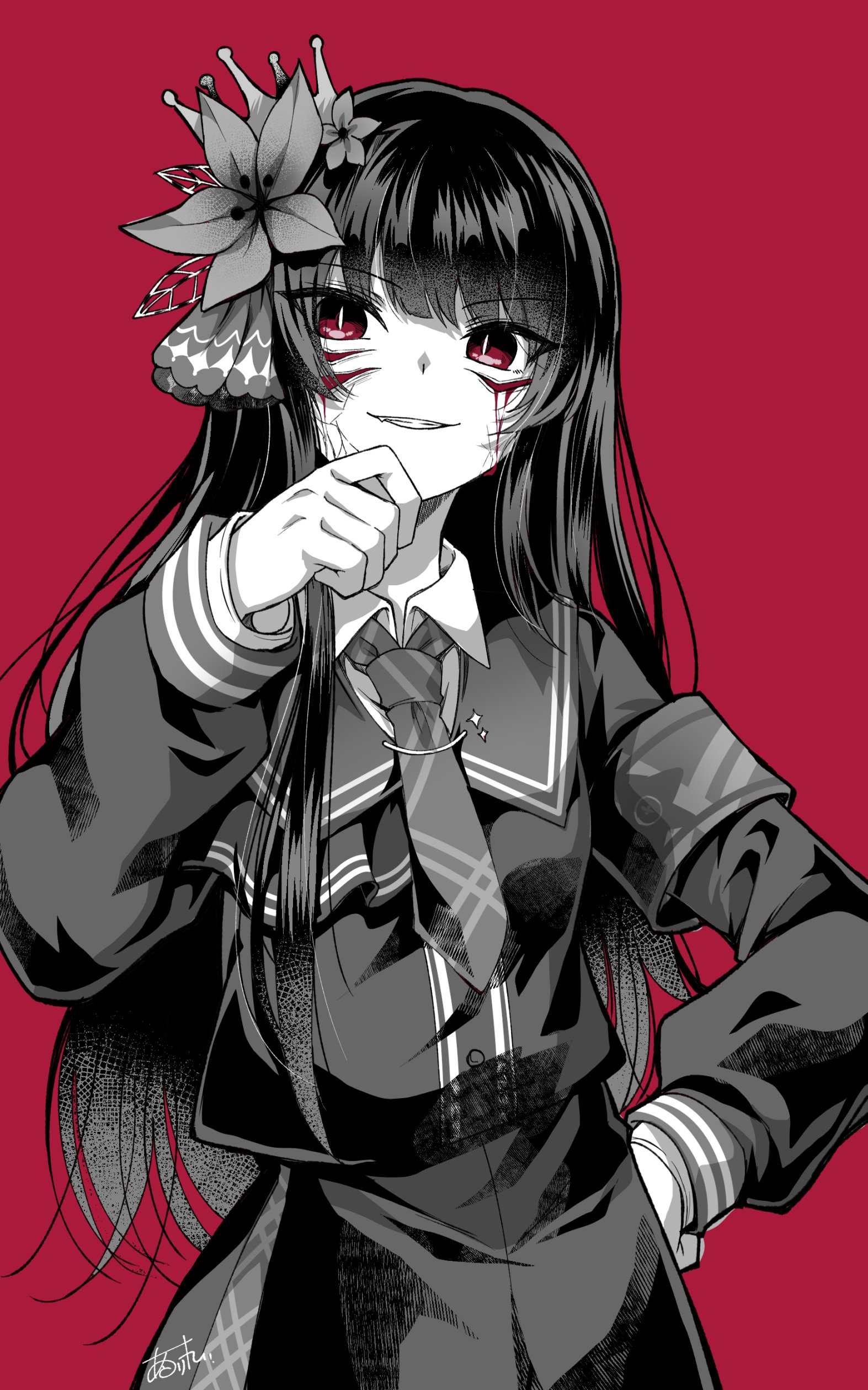 huleito, nikaido hiro, mahou shoujo no majo saiban, absurdres, commentary request, highres, 1girl, armband, bleeding, blood, blunt bangs, collared shirt, cowboy shot, cracked skin, fang, flower, greyscale with colored background, hair flower, hair ornament, hand on own chin, hand on own hip, long hair, long sleeves, looking at viewer, monochrome, necktie, red background, sailor collar, school uniform, shirt, sidelocks, simple background, skirt, smile, solo, standing, very long hair, witch (manosaba)