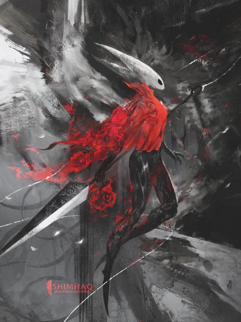 shimhaq, hornet (hollow knight), hollow knight, commentary, english commentary, 1girl, arthropod girl, artist name, black eyes, black skin, cloak, colored skin, flower, full body, holding, holding weapon, hollow eyes, horned mask, horns, mask, needle (hollow knight), red cloak, red flower, red rose, rose, solo, thread, weapon, white mask