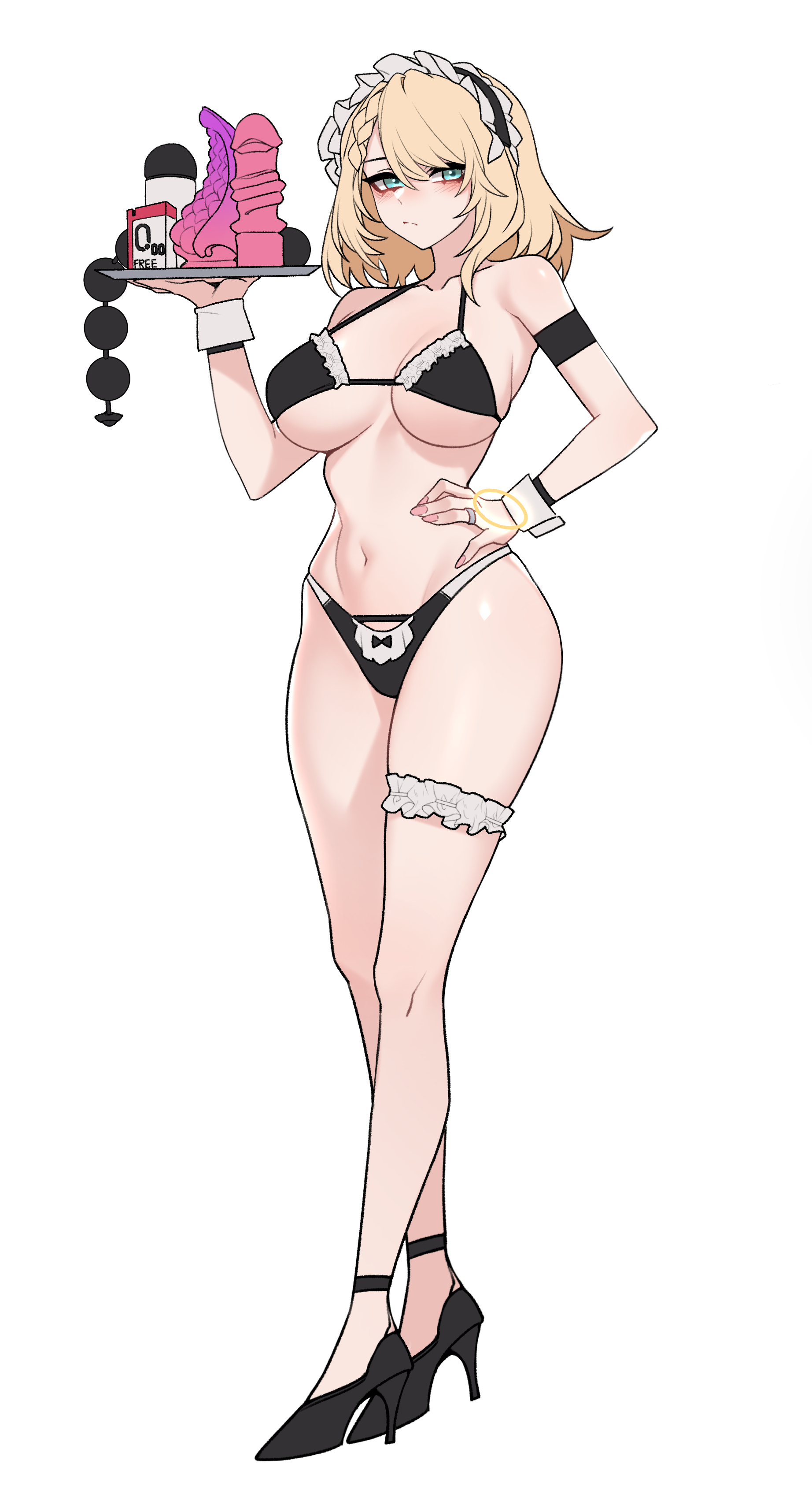 dogs (dlrkdejr26), g36 (girls' frontline), girls' frontline, girls' frontline 2: exilium, absurdres, commentary request, highres, 1girl, bikini, black bikini, blonde hair, blue eyes, blush, braid, breasts, condom, covenant halo (girls' frontline 2), crossed ankles, dildo, frilled bikini, frilled thigh strap, frills, frown, hand on own hip, high heels, hip focus, jewelry, large breasts, legs, maid, maid bikini, maid headdress, medium hair, navel, ring, sex toy, single braid, standing, stomach, swimsuit, thigh strap, thighs, unconventional maid, wedding ring, wrist cuffs