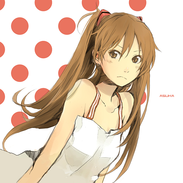yoshito, souryuu asuka langley, evangelion: 2.0 you can (not) advance, neon genesis evangelion, rebuild of evangelion, bad id, bad pixiv id, traditional media, 00s, 1girl, bare shoulders, casual, character name, collarbone, female focus, frown, long hair, red hair, solo, two side up