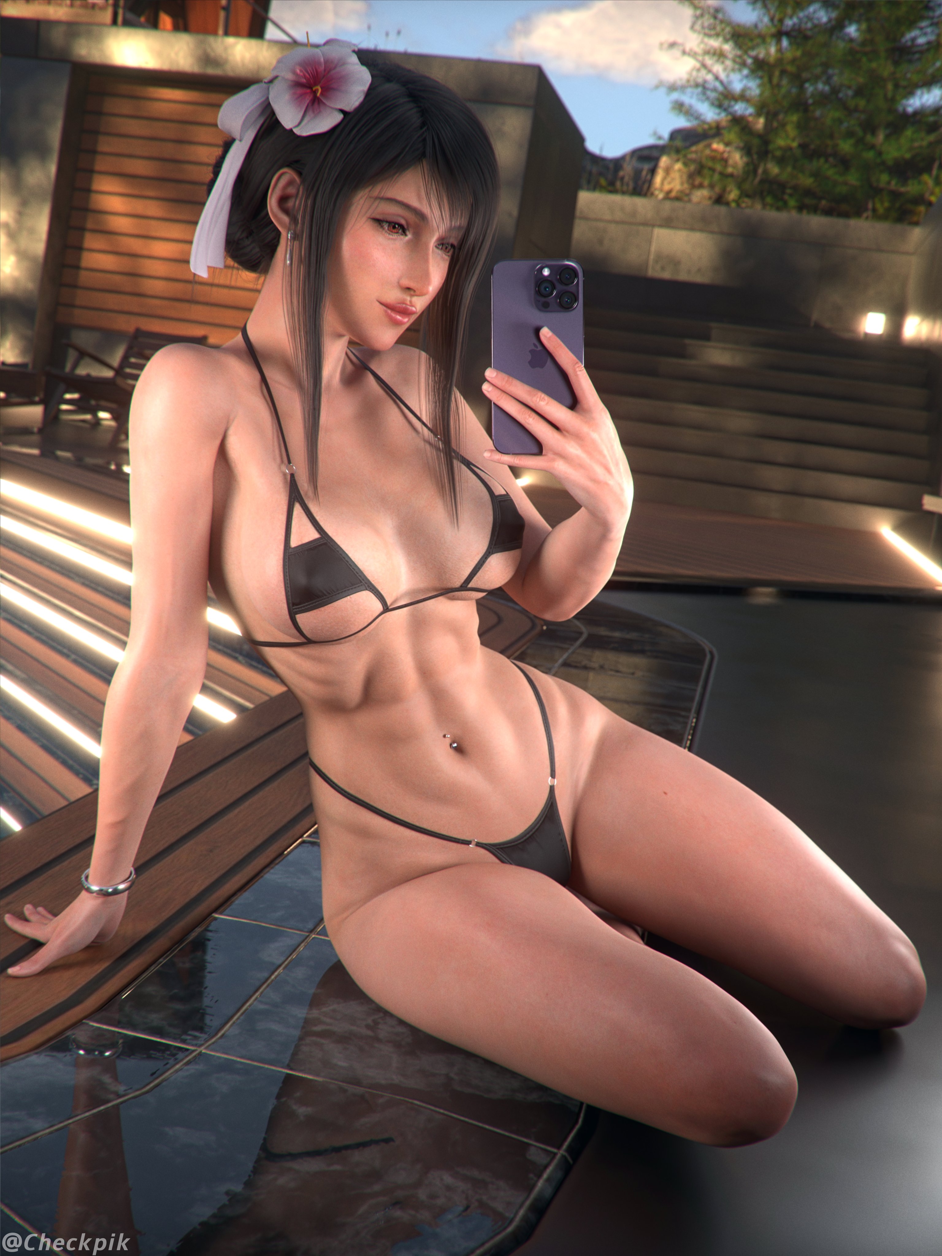 checkpik, tifa lockhart, final fantasy, final fantasy vii, final fantasy vii remake, absurdres, highres, 1girl, 3d, abs, alternate costume, bikini, black bikini, black hair, bracelet, breasts, cellphone, closed mouth, earrings, flower, hair bun, hair flower, hair ornament, hand up, holding, holding phone, iphone, jewelry, medium breasts, navel piercing, on ground, phone, piercing, red eyes, red lips, selfie, single hair bun, sitting, smartphone, smile, solo, stomach, swimsuit, thighs, toned, toned female, twitter username