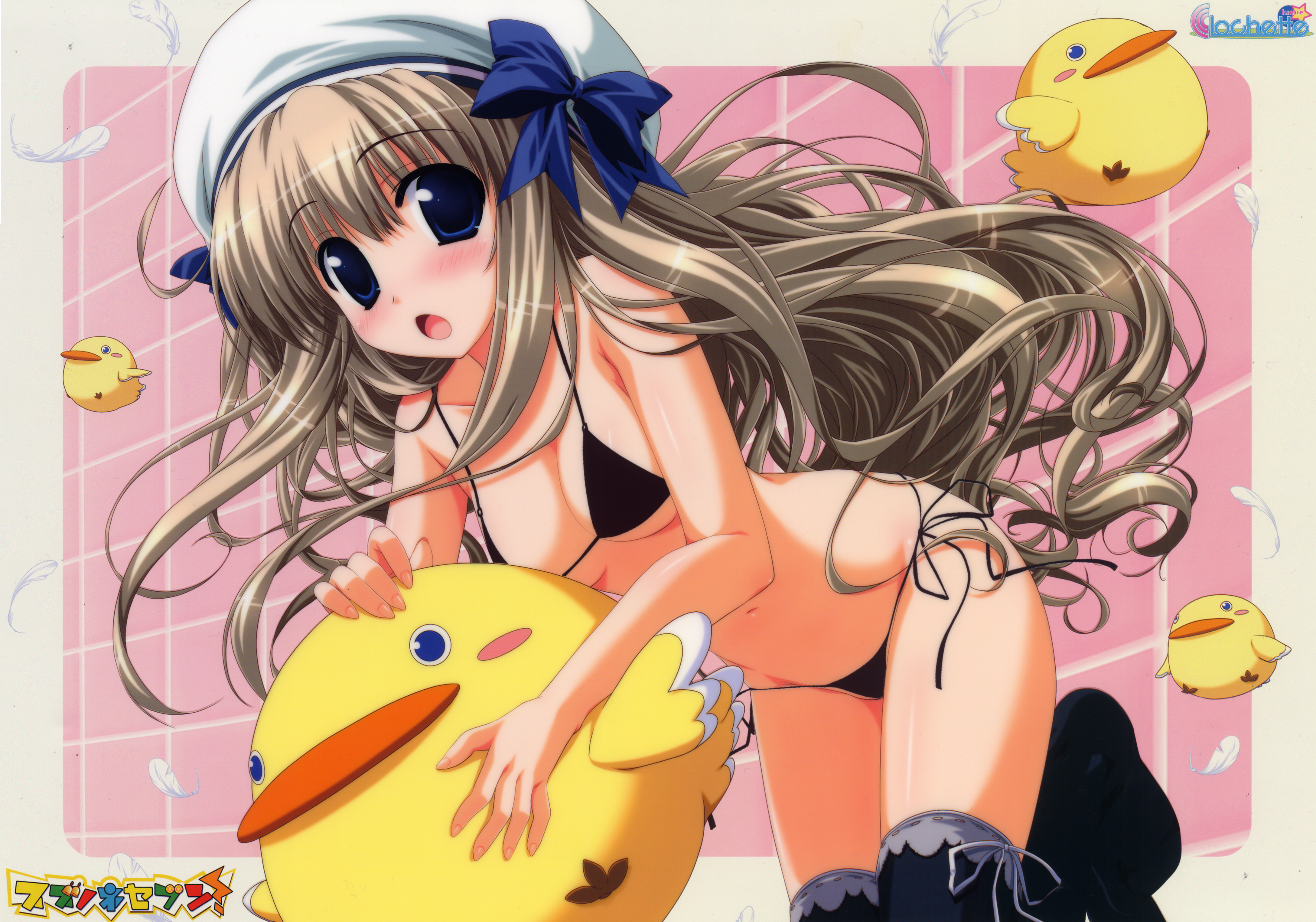 oshiki hitoshi, daikan'yama sumire, suzunone seven, absurdres, highres, huge filesize, 1girl, bikini, black bikini, blue eyes, blush, brown hair, female focus, long hair, side-tie bikini bottom, solo, stuffed animal, stuffed toy, swimsuit, thighhighs, very long hair