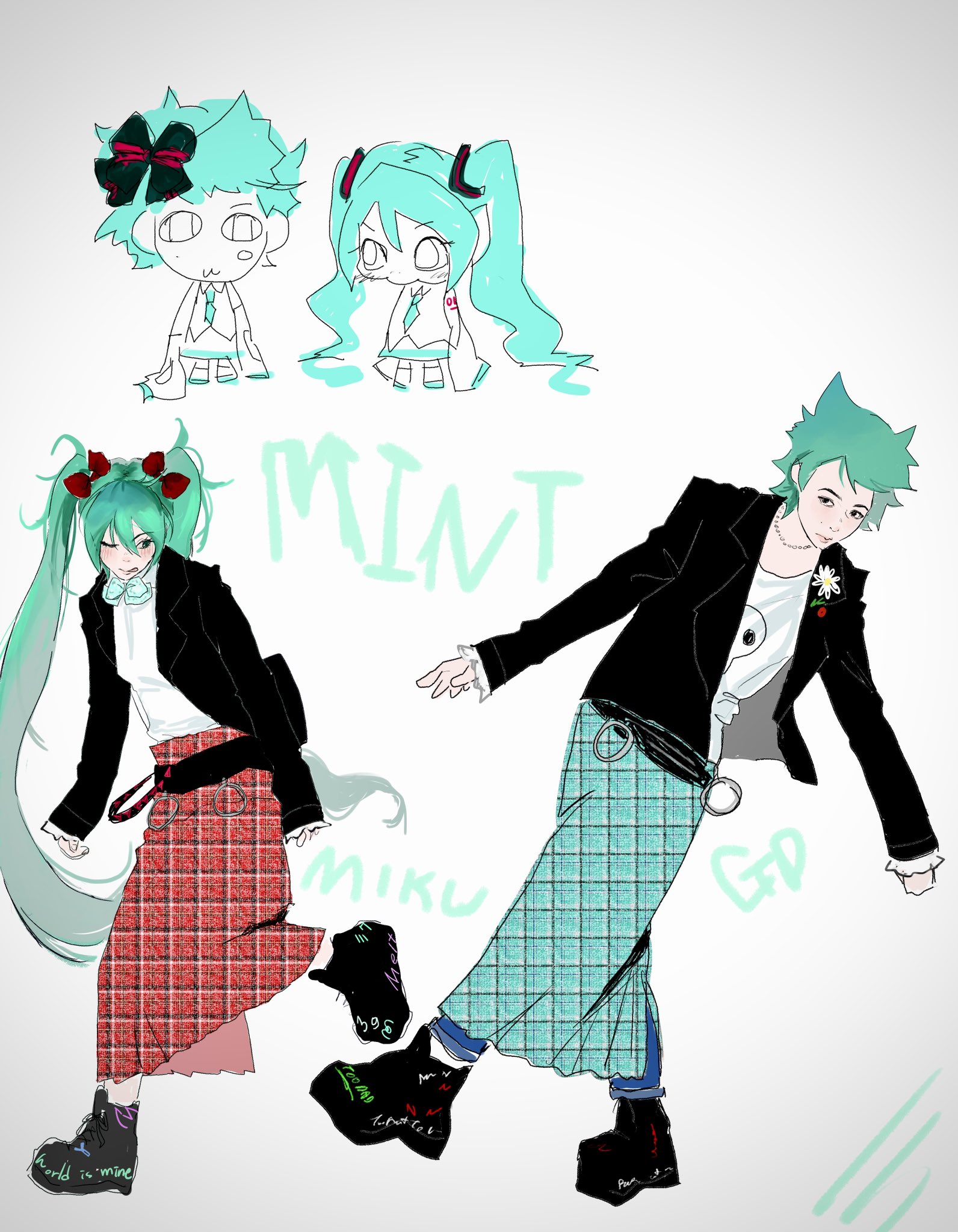 g-dragon, hatsune miku, bigbang, real life, vocaloid, highres, 1boy, 1girl, ;p, alternate costume, aqua bow, aqua bowtie, aqua eyes, aqua hair, belt, black belt, black eyes, black jacket, black shoes, blazer, blue pants, blue skirt, blush, bow, bowtie, character name, chibi, chibi inset, closed mouth, color connection, crossdressing, crossdressing (mtf), crossover, denim, dynamic pose, expressionless, full body, hair between eyes, hair bow, hair color connection, jacket, jeans, jewelry, k-pop, long hair, long skirt, looking to the side, loose belt, messy hair, mole, mole on cheek, necklace, one eye closed, pants, pants under skirt, plaid clothes, plaid skirt, print shirt, red bow, red skirt, saturated, shirt, shoes, short hair, sidelocks, sketch, skirt, sleeves past wrists, smile, socks, song name, t-shirt, tongue, tongue out, unmoving pattern, very long hair, walking, white background, white shirt, white socks, xxxnnqpfl
