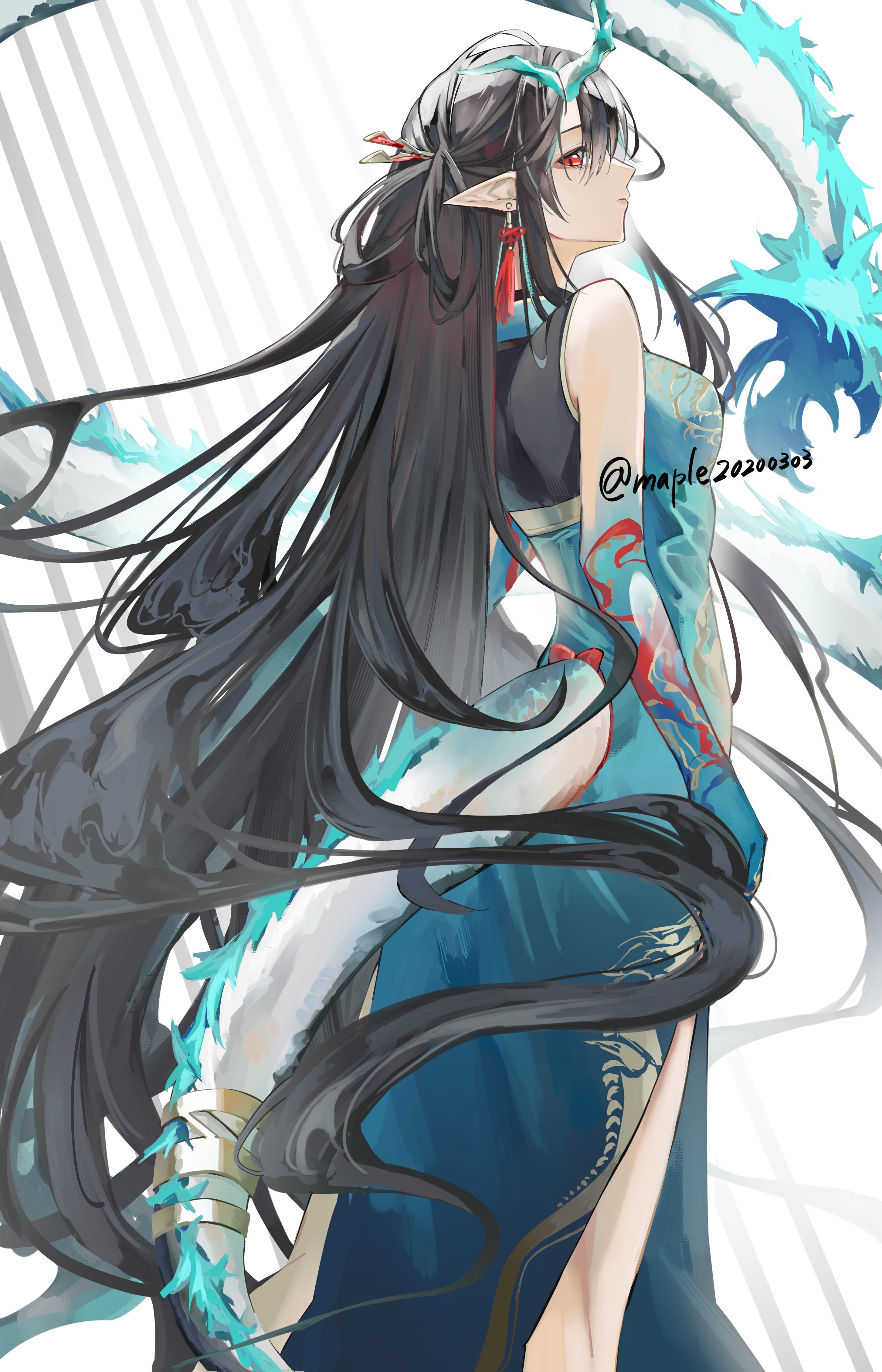 maple 20200303, dusk (arknights), dusk (everything is a miracle) (arknights), arknights, absurdres, commentary request, highres, 1girl, black hair, china dress, chinese clothes, colored extremities, colored skin, dragon girl, dragon horns, dragon tail, dress, from side, green hands, green horns, green skin, horns, looking at viewer, pointy ears, red eyes, solo, tail, tail ornament, tail ring