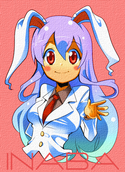 yuuzii, reisen udongein inaba, touhou, 1girl, animal ears, blush, female focus, formal clothes, long hair, necktie, purple hair, rabbit ears, red eyes, red necktie, smile, solo, texture, tuxedo