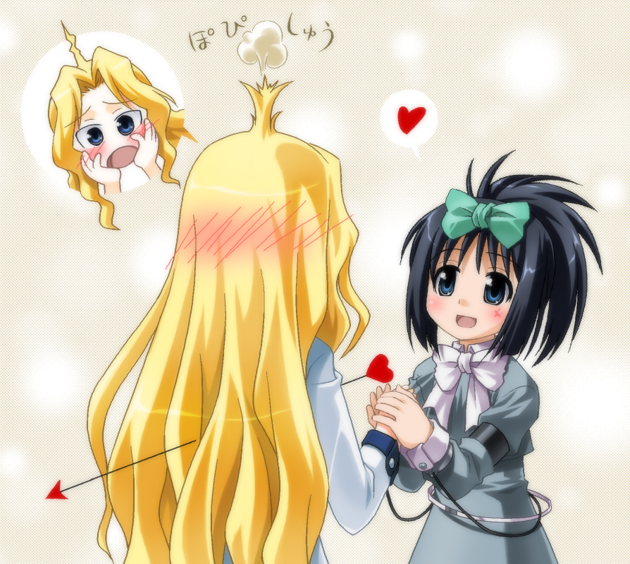 umekichi, kunihiro hajime, ryuumonbuchi touka, saki (manga), bad id, bad pixiv id, 00s, 2girls, ahoge, black hair, blonde hair, blue eyes, blush, bow, flat chest, flustered, hair bow, heart, long hair, multiple girls, ponytail, short hair, smile