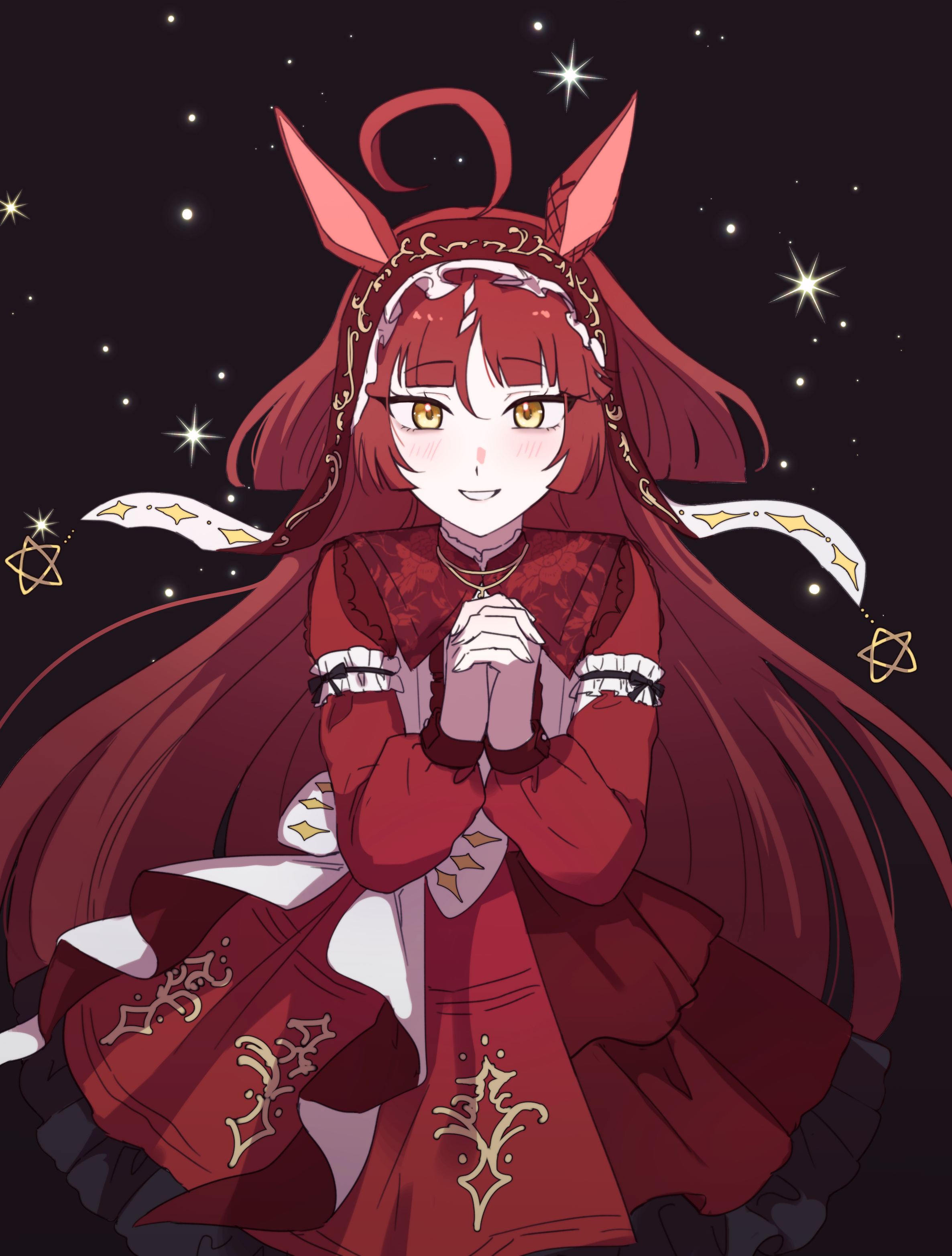 friedpikachu, red desire (umamusume), umamusume, absurdres, highres, 1girl, ahoge, animal ears, blunt bangs, blush, breasts, dark background, grin, hair between eyes, hair ornament, hairband, horse ears, horse girl, horse tail, jewelry, long hair, looking at viewer, necklace, night, own hands clasped, own hands together, red hair, simple background, sky, small breasts, smile, solo, star (sky), starry sky, tail, yellow eyes