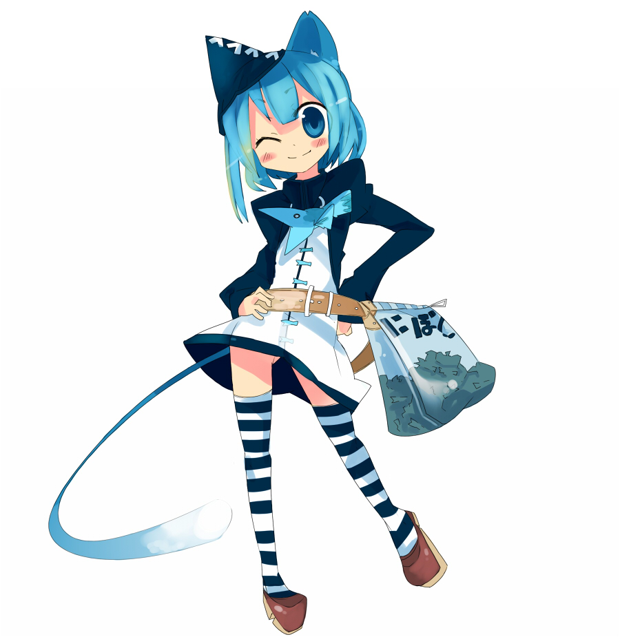 kanikama, animal ears, blue eyes, blue hair, cat ears, one eye closed, skirt, solo, striped clothes, striped thighhighs, thighhighs, wink