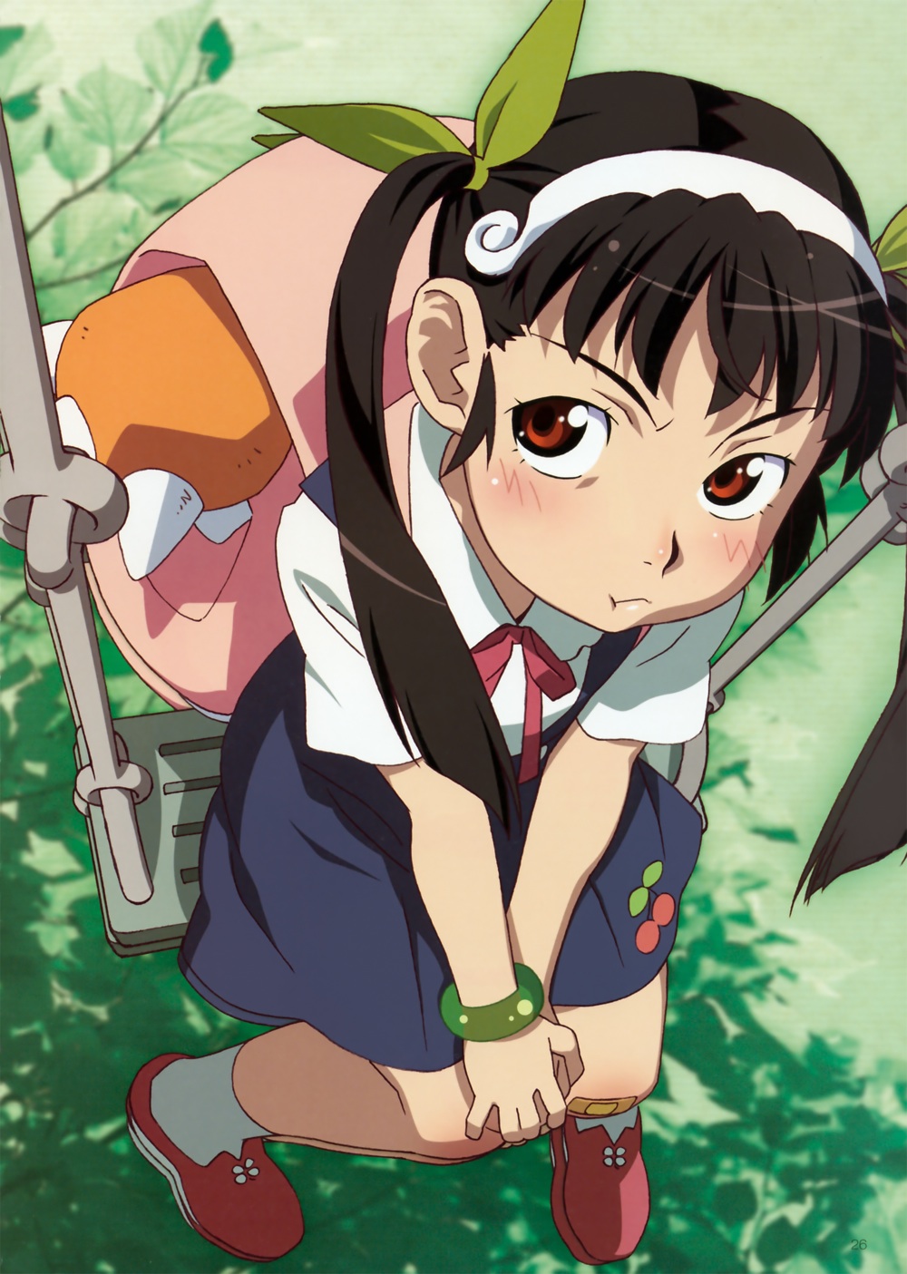 hachikuji mayoi, bakemonogatari, monogatari (series), highres, official art, 00s, 1girl, :t, backpack, bag, black hair, blush, female focus, hair ribbon, on swing, pout, puffy cheeks, randoseru, red eyes, ribbon, school uniform, skirt, solo, swing, twintails