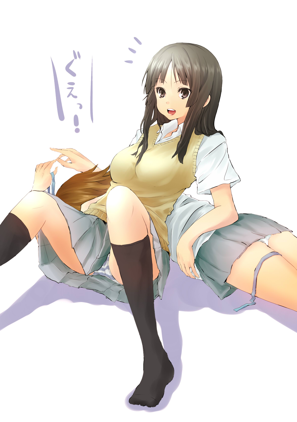 nishiuri warito, akiyama mio, tainaka ritsu, k-on!, bad id, bad pixiv id, highres, translation request, !, 00s, 2girls, black eyes, black hair, black socks, brown hair, feet, kneehighs, long hair, lying, multiple girls, panties, pantyshot, school uniform, short hair, socks, striped clothes, striped panties, surprised, sweater, sweater vest, underwear, white panties