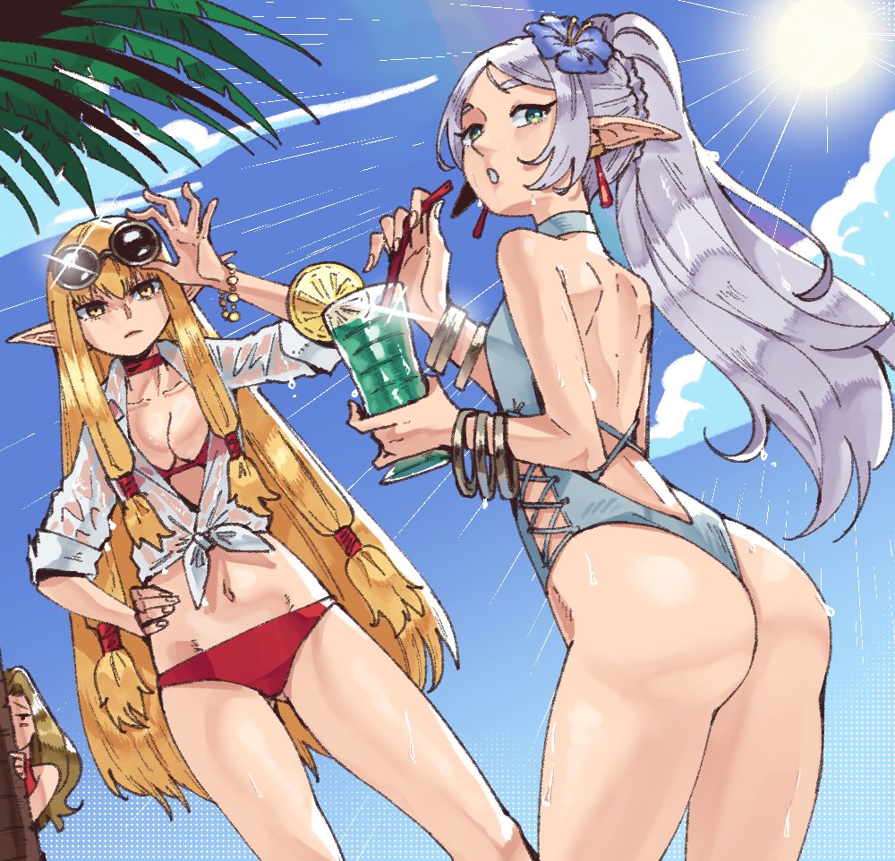 wanderjegson, frieren, methode (sousou no frieren), serie (sousou no frieren), sousou no frieren, commentary, english commentary, 3girls, alternate hairstyle, ass, bikini, blonde hair, blue bikini, blue sky, breasts, cleavage, cloud, contemporary, cup, drinking straw, elf, flower, glass, grey hair, hair flower, hair ornament, high ponytail, holding, holding cup, long hair, long pointy ears, looking at viewer, multiple girls, navel, pointy ears, ponytail, red bikini, round eyewear, shirt, sidelocks, sky, standing, summer, sun, sunglasses, swimsuit, thighs, tied shirt