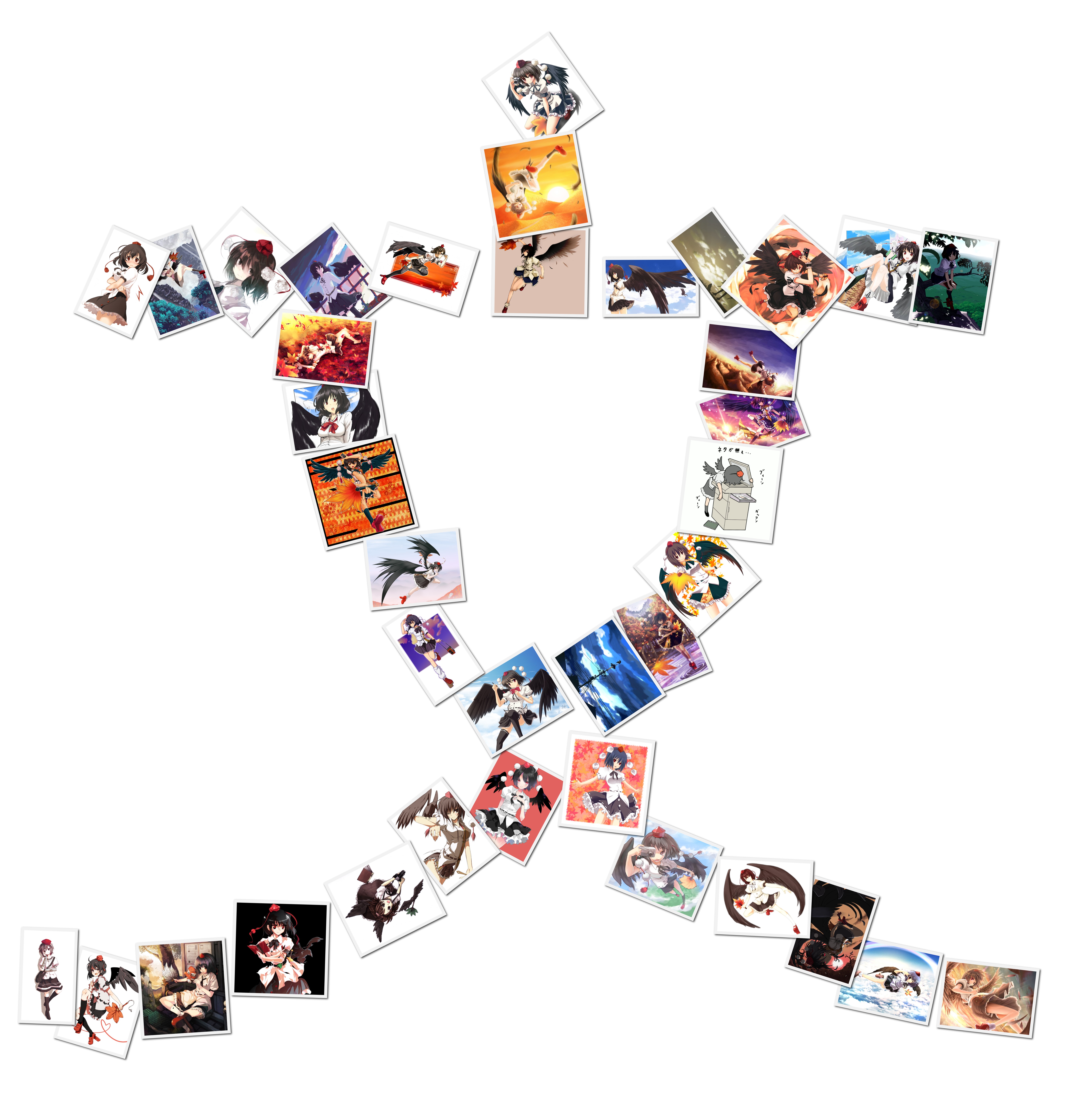 shameimaru aya, touhou, absurdres, highres, tagme, 1girl, collage, female focus, multiple views, shape collage, white background