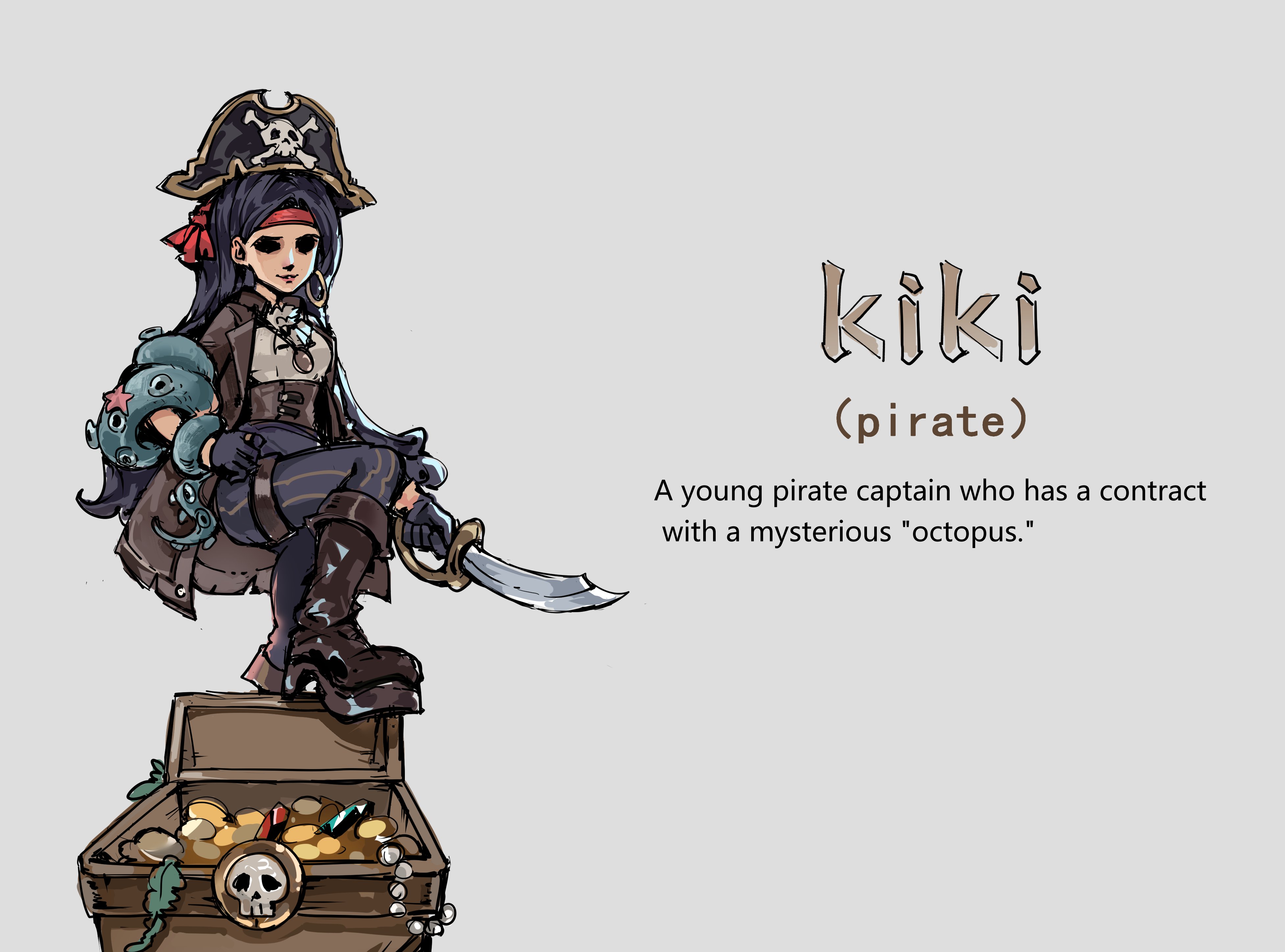 darkest dungeon, ongezellig, absurdres, commentary, english commentary, highres, alternate costume, bandana, black gloves, black hair, black pants, boots, breasts, brown boots, brown coat, brown corset, captain morgan pose, character name, coat, coin, corset, cutlass, earrings, english text, feathers, gem, gloves, gold coin, hat, holding, holding sword, holding weapon, hoop earrings, jewelry, kiki (ongezellig), leather coat, necklace, octopus, pants, parody, pirate, pirate hat, red bandana, shirt, single earring, skull, small breasts, starfish, style parody, sword, the devil chewing gum, treasure chest, weapon, white shirt