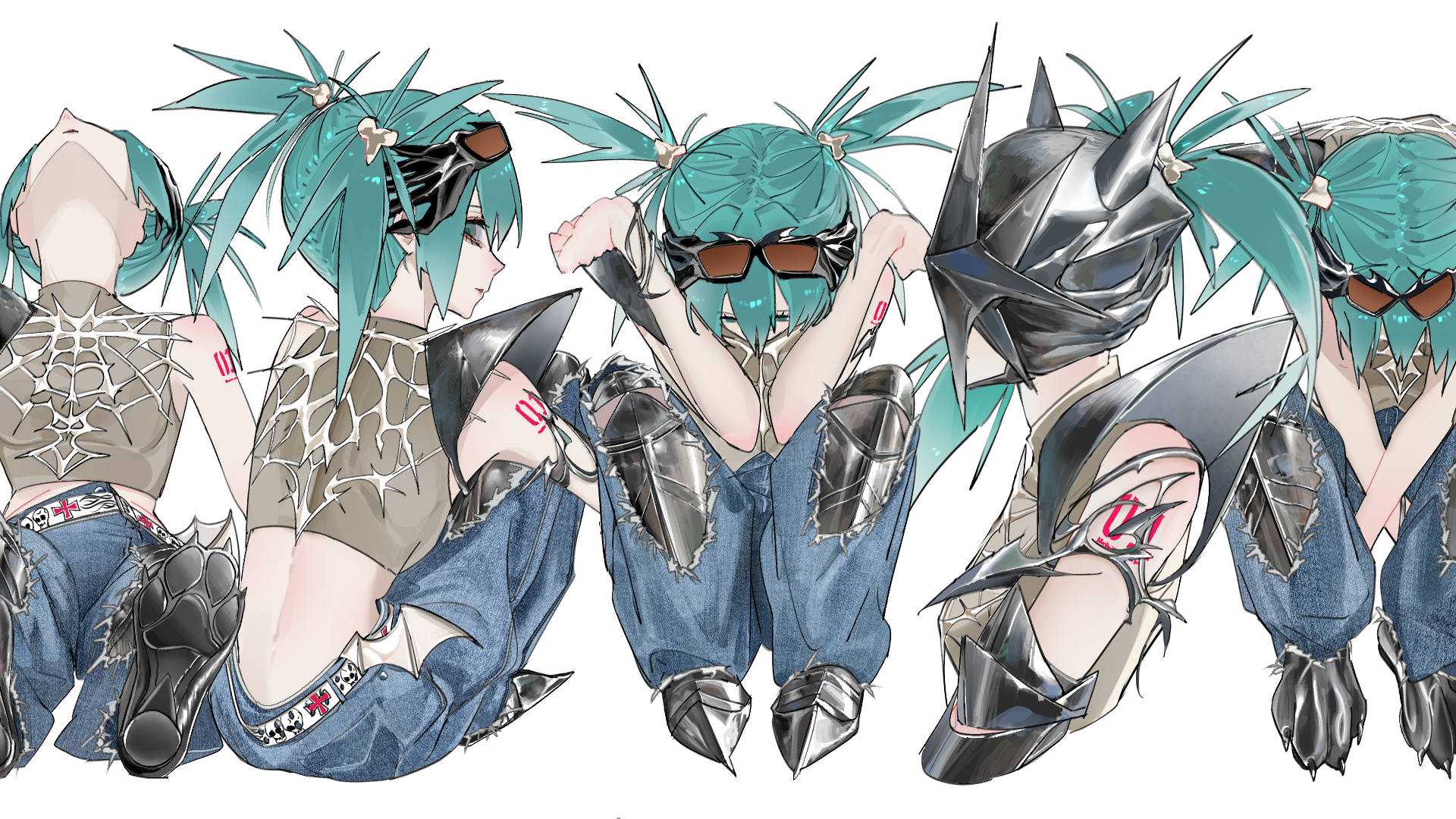castt77, hatsune miku, vocaloid, hashtag-only commentary, highres, 1girl, alternate costume, aqua eyes, aqua hair, arm guards, armor, armored boots, arms between legs, baggy pants, bat wings, belt, blue pants, boots, breasts, crop top, cross, cross patonce, cyber sigilism, denim, expressionless, from above, from below, from side, goggles, goggles on head, greek cross, grey shirt, hair between eyes, hair ornament, helm, helmet, jeans, looking at viewer, looking back, midriff, mini wings, multicolored eyes, multiple views, number tattoo, pale skin, pants, parted lips, pauldrons, punk, red eyes, shirt, short hair, shoulder armor, shoulder tattoo, sidelocks, sitting, sleeveless, sleeveless shirt, small breasts, spiked hair, tattoo, twintails, two-tone eyes, white background, white belt, white wings, wings, y2k fashion