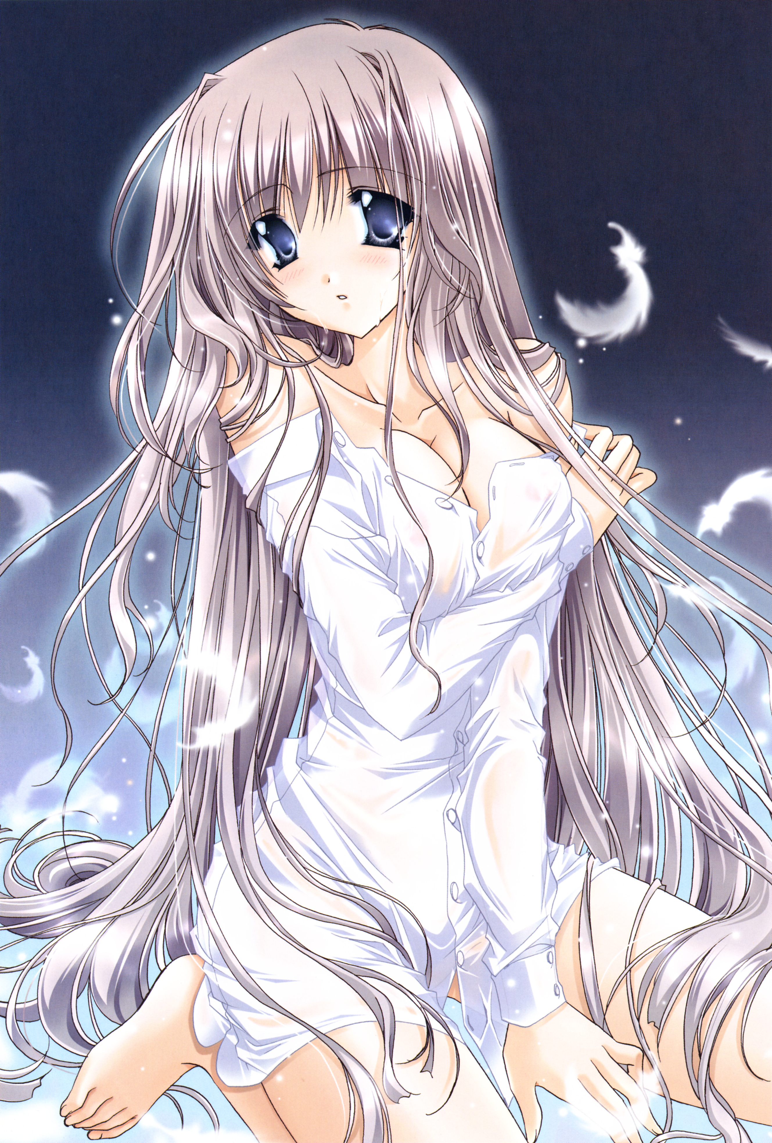 ryuuga shou, silver hair, absurdres, highres, barefoot, blue eyes, feathers, long hair, sitting, solo