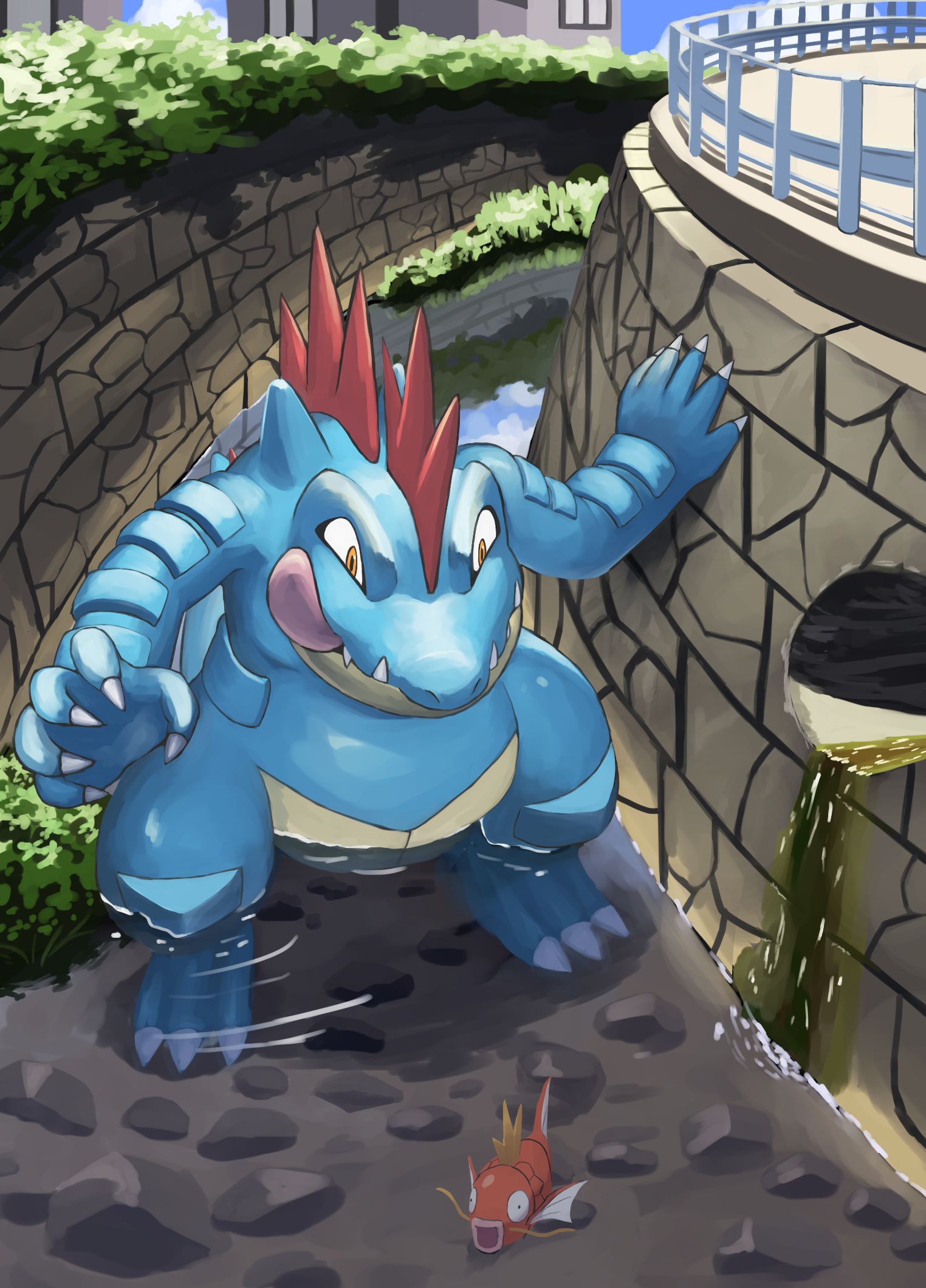 jira (ziraiya26), feraligatr, magikarp, nintendo, pokemon, commentary request, highres, canal, claws, day, fence, gen 1 pokemon, gen 2 pokemon, no humans, outdoors, pokemon (creature), pokemon focus, teeth, tongue, tongue out, water, yellow eyes