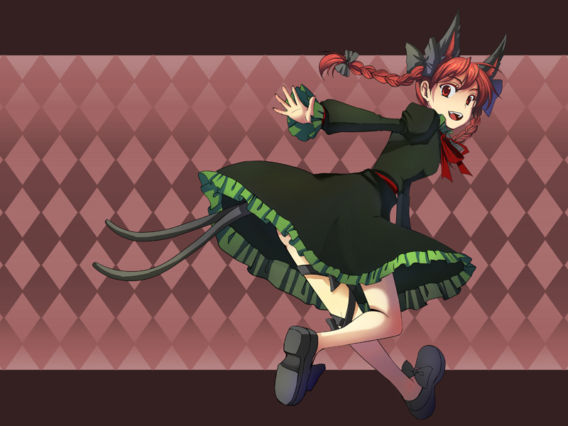 mimika (artist), mimika (puetilun), puetilun, kaenbyou rin, touhou, bad id, bad pixiv id, 1girl, animal ears, argyle background, argyle clothes, braid, cat ears, cat girl, cat tail, female focus, hair ribbon, letterboxed, looking back, multiple tails, open mouth, red eyes, red hair, ribbon, running, short hair, smile, solo, tail, twin braids, twintails