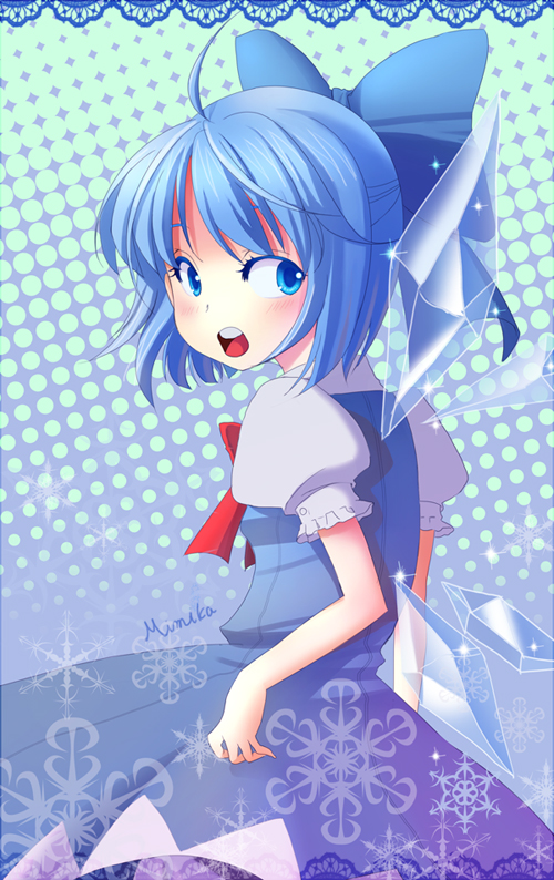 mimika (artist), mimika (puetilun), puetilun, cirno, embodiment of scarlet devil, touhou, bad id, bad pixiv id, 1girl, ahoge, blue eyes, blue hair, bow, colored eyelashes, female focus, hair bow, halftone, halftone background, looking back, matching hair/eyes, short hair, snowflakes, solo, wings