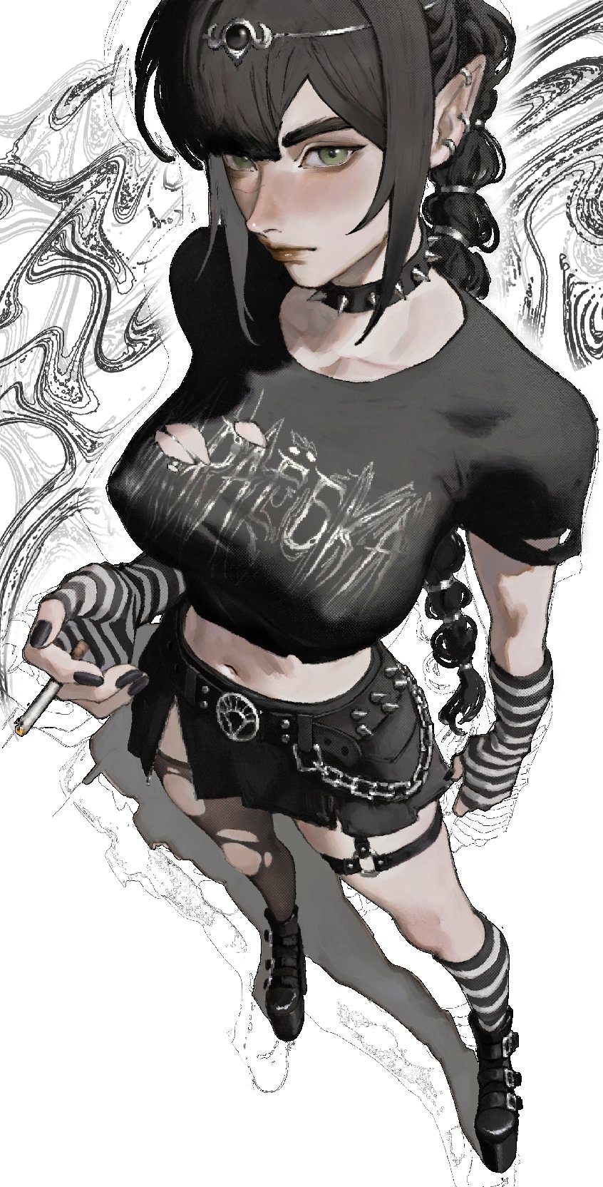lapefamm, shadowheart (baldur's gate), baldur's gate, baldur's gate 3, dungeons & dragons, dungeons & dragons, highres, revision, 1girl, asymmetrical legwear, black hair, black shirt, black skirt, blush, boots, braid, breasts, choker, cigarette, closed mouth, collar, covered erect nipples, earrings, elf, emo fashion, fingerless gloves, from above, gloves, green eyes, holding, holding cigarette, jewelry, large breasts, long hair, looking at viewer, miniskirt, multi-tied hair, o-ring, o-ring thigh strap, platform heels, pleated skirt, pointy ears, ponytail, shirt, simple background, single thighhigh, skirt, smoking, solo, spiked choker, spiked collar, spikes, striped clothes, thigh strap, thighhighs, torn clothes, torn shirt, torn thighhighs, very long hair, white background