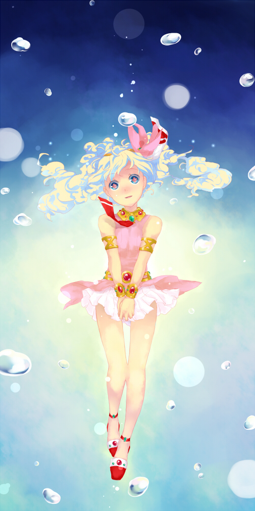 ayinusu00, nanai, nanai (ayinusu00), nia teppelin, tengen toppa gurren lagann, bad id, bad pixiv id, + +, 00s, 1girl, anklet, armlet, bracelet, bubble, cross-shaped pupils, curly hair, dress, female focus, flower, hair flower, hair ornament, jewelry, long hair, multicolored hair, pink dress, pink skirt, skirt, sleeveless, smile, solo, symbol-shaped pupils, underwater, very long hair