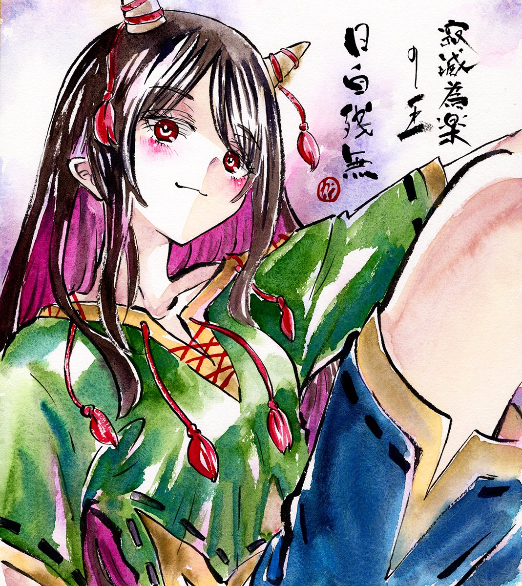 kabaji, nippaku zanmu, touhou, commentary request, highres, 1girl, black hair, blue shorts, cone horns, green shirt, hand on own knee, horn ornament, horns, one-hour drawing challenge, red eyes, shirt, shorts, solo, yellow horns