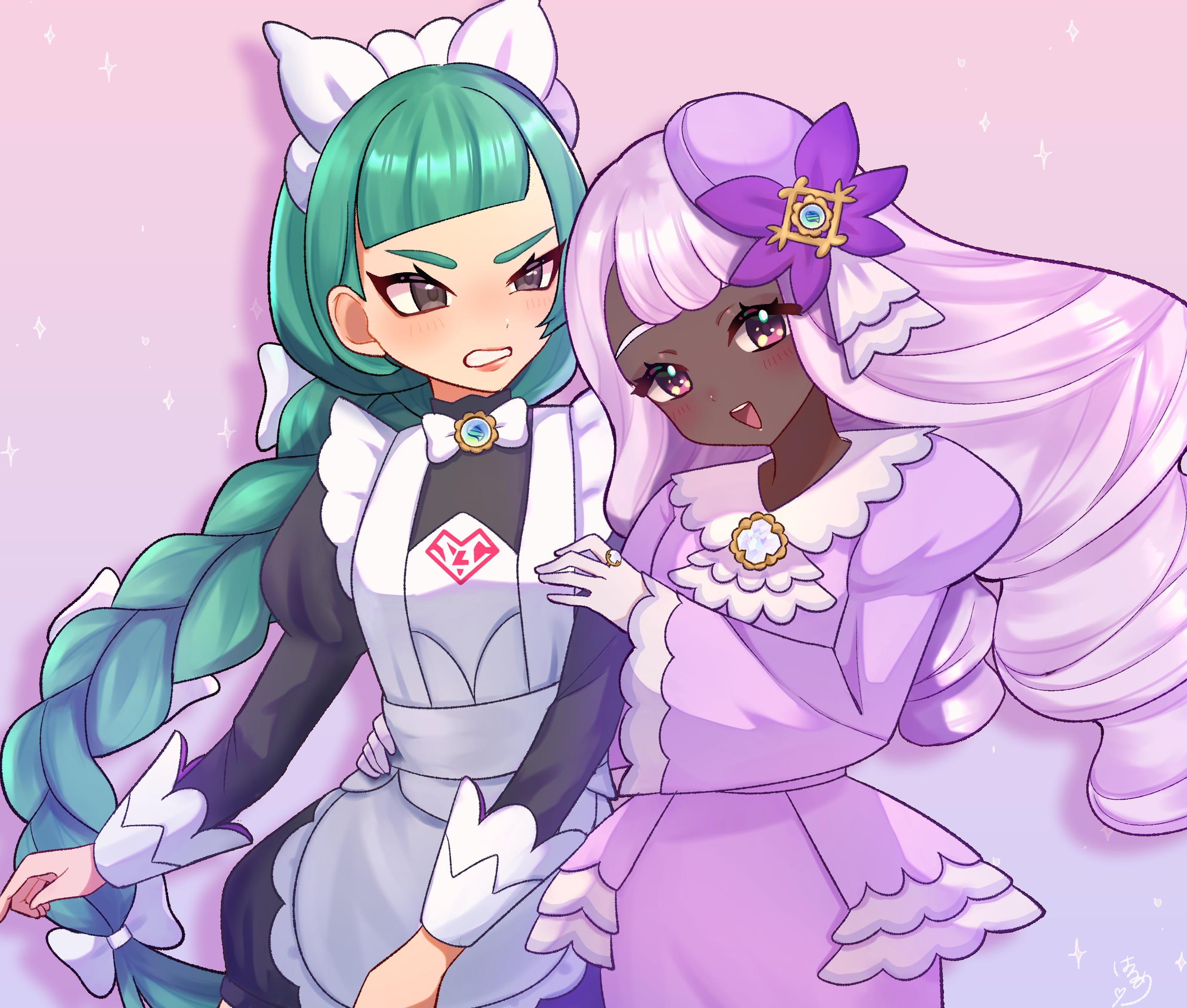 harumep2501, jacinthe (pokemon), lebanne (pokemon), nintendo, pokemon, pokemon legends: z-a, commentary request, highres, 2girls, :d, apron, blush, braid, brown eyes, clenched teeth, dark-skinned female, dark skin, dress, eyelashes, gloves, green hair, jewelry, long hair, long sleeves, looking at viewer, multiple girls, open mouth, pink hair, puffy sleeves, purple dress, ring, smile, teeth, tilted headwear, tongue, upper teeth only, white apron, white gloves