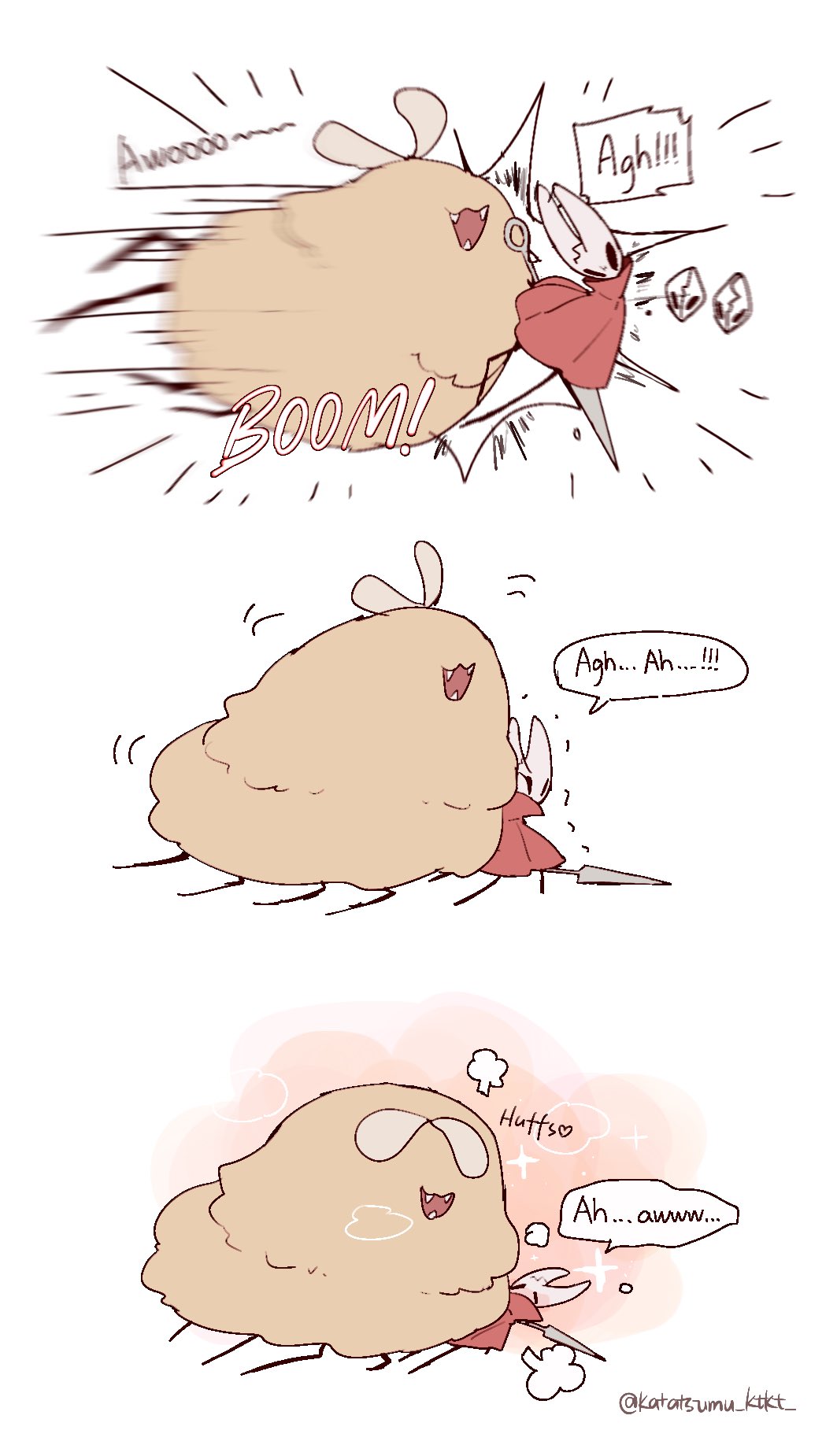 katatsumuririri, hornet (hollow knight), huge flea (hollow knight), hollow knight, hollow knight: silksong, highres, 1girl, antennae, arthropod girl, artist name, awooo, black eyes, black skin, cloak, colored skin, cracked mask, english text, fangs, flower, fluffy, full body, holding, holding weapon, hollow eyes, horned mask, horns, looking at another, mask, needle (hollow knight), no humans, pain, red cloak, red flower, red rose, rose, solo, speech bubble, tackle, thread, trembling, weapon, white mask