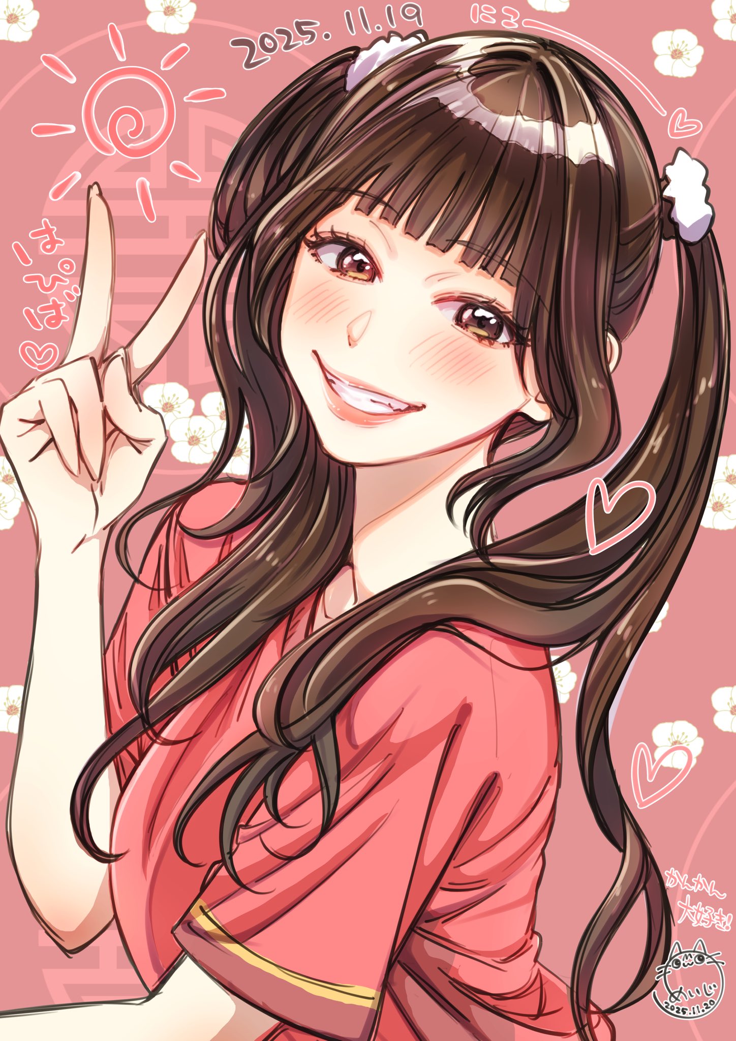 meiji (mosamoo3), kan kanna, link! like! love live!, love live!, real life, commentary request, highres, translation request, 1girl, animification, blunt bangs, blush, brown eyes, brown hair, dated, floral background, grin, hair intakes, long hair, looking at viewer, pink background, red shirt, shirt, short sleeves, signature, smile, solo, twintails, upper body, v, voice actor
