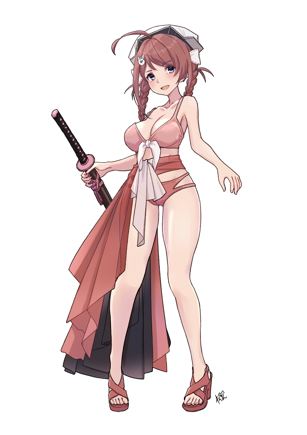 neve (morris-minicooper), chougei (kancolle), kantai collection, commentary request, highres, 1girl, alternate costume, bikini, braid, braided hair rings, breasts, brown hair, full body, grey eyes, hair ornament, hair rings, hairclip, high heel sandals, holding, holding sheath, katana, large breasts, long hair, pink bikini, pink sarong, sandals, sarong, scabbard, sheath, sheathed, simple background, solo, standing, swimsuit, sword, twin braids, weapon, whale hair ornament, white background