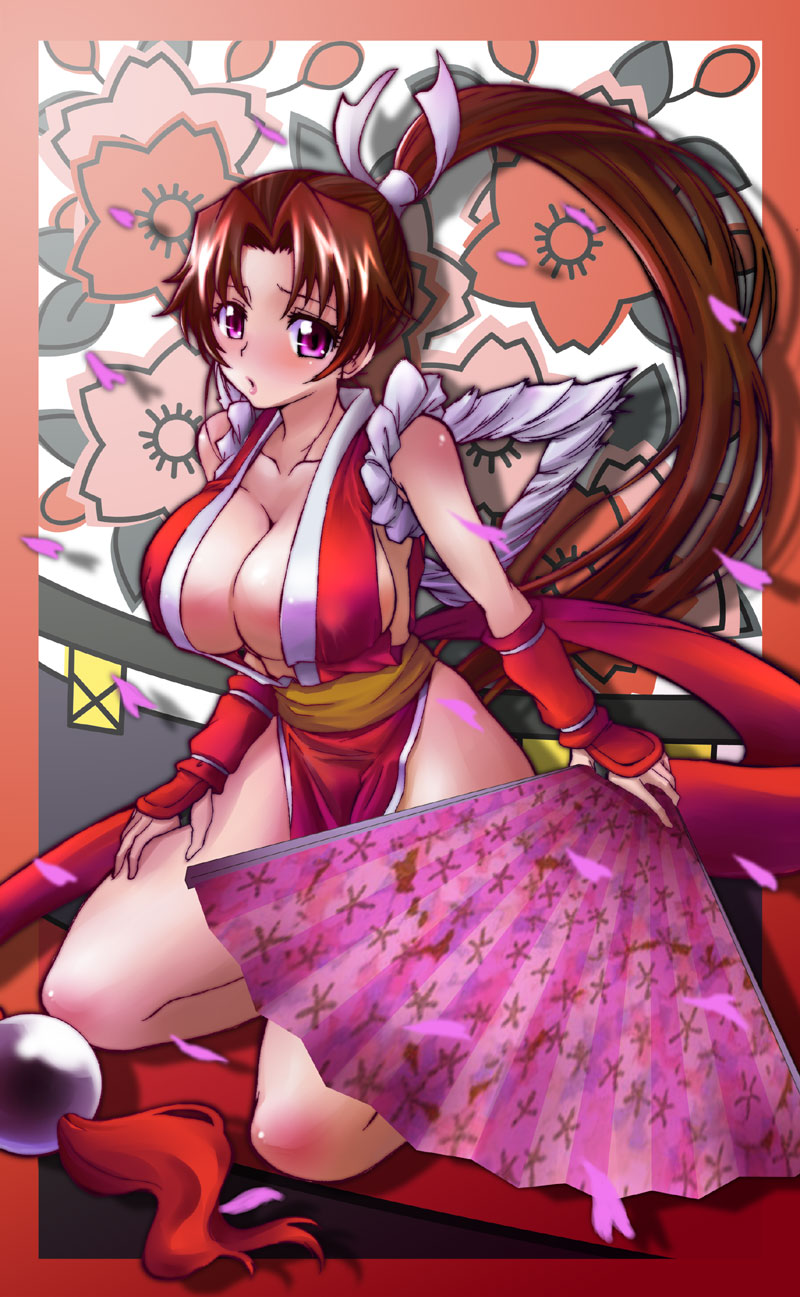 fujimaru arikui, shiranui mai, fatal fury, snk, the king of fighters, highres, 1girl, :o, blush, breasts, brown hair, cleavage, female focus, folding fan, hand fan, huge breasts, japanese clothes, long hair, pelvic curtain, ponytail, purple eyes, revealing clothes, solo