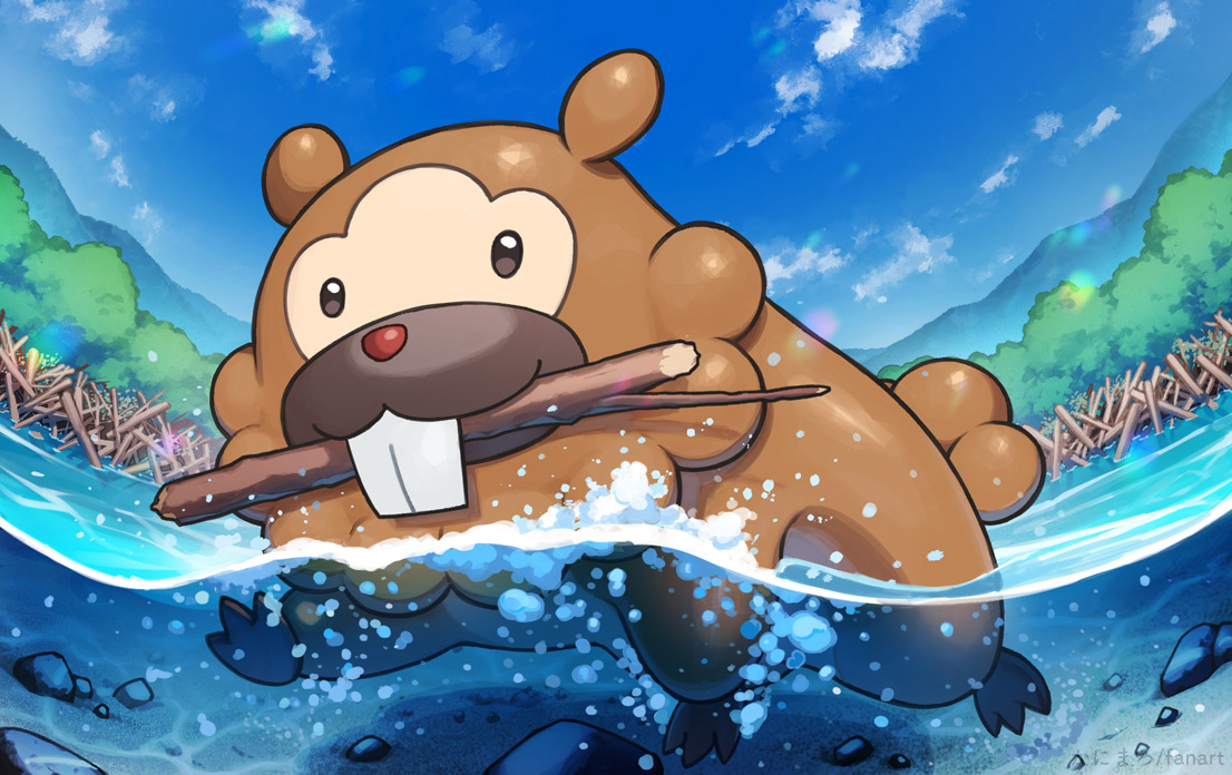 aoiusi27, bidoof, nintendo, pokemon, commentary request, cloud, dam, day, full body, gen 4 pokemon, happy, mouth hold, no humans, outdoors, partially underwater shot, pokemon (creature), pokemon focus, sky, smile, solo, watermark
