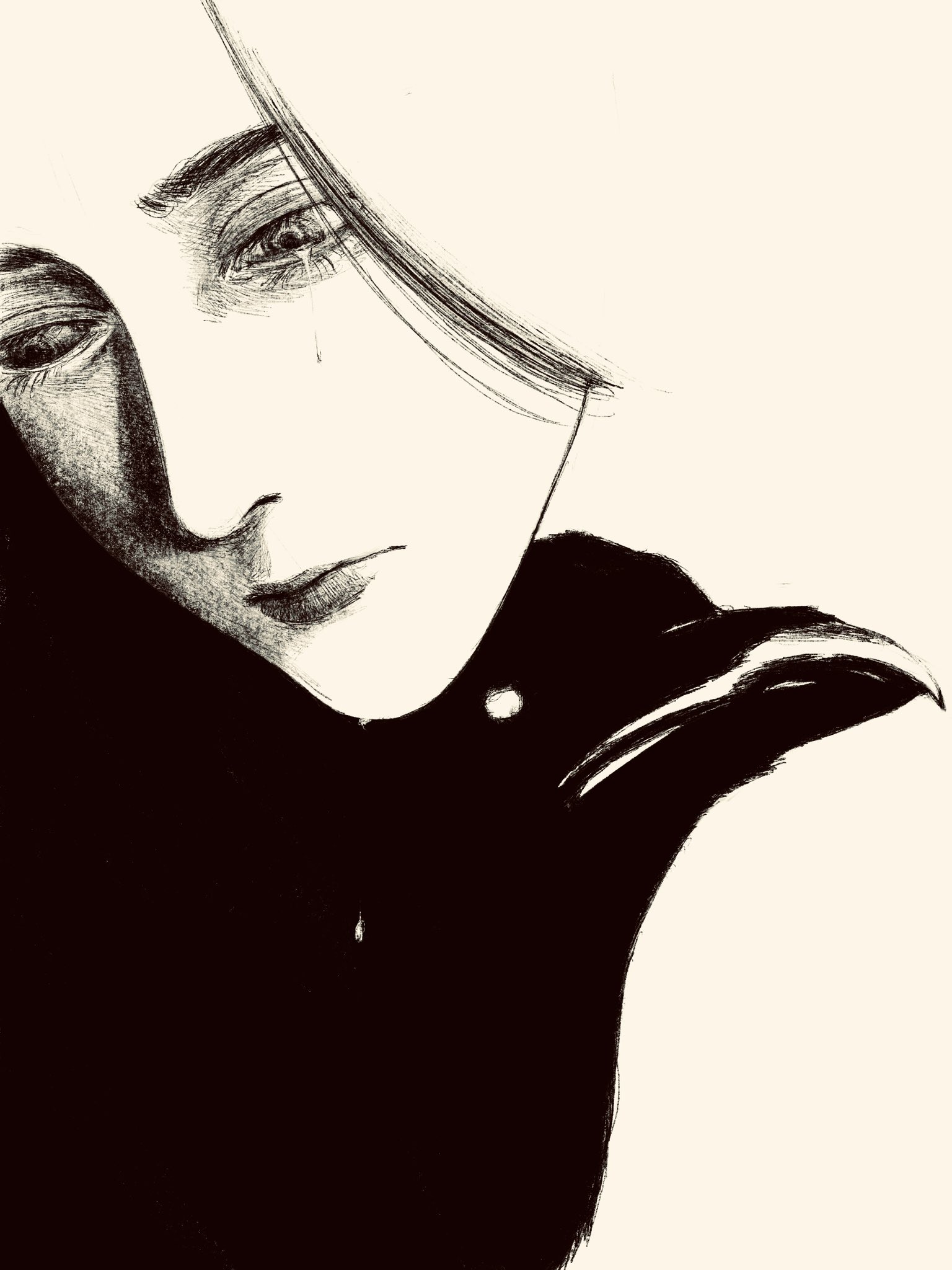 tp p pt, original, highres, 1girl, abstract, animal, bird, black outline, long hair, outline, solo, tearing up, tears, white background, white hair