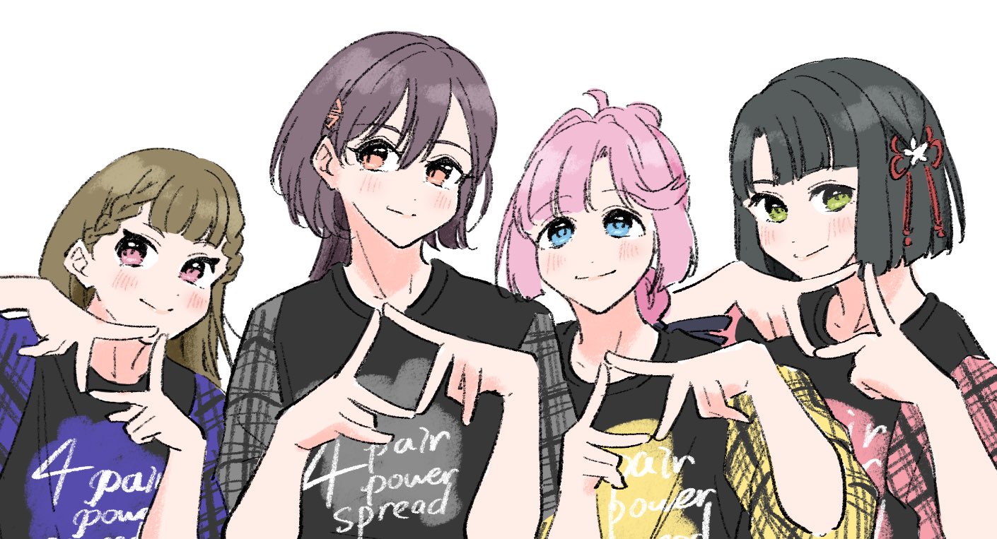 llkapital, anyoji hime, kachimachi kosuzu, katsuragi izumi, momose ginko, link! like! love live!, love live!, commentary request, 4girls, 5th live tour ~4pair power spread!!!!~, ahoge, black hair, black shirt, blunt bangs, bob cut, braid, brown hair, center-flap bangs, diamond hands, flower, flower knot, green eyes, hair flower, hair ornament, hasu no shousankaku, jellyfish cut, long hair, looking at viewer, multi-tied hair, multiple girls, pink hair, plaid clothes, plaid sleeves, ponytail, shirt, short hair, short sleeves, side braids, simple background, triangle hair ornament, virtual youtuber, white background, white flower