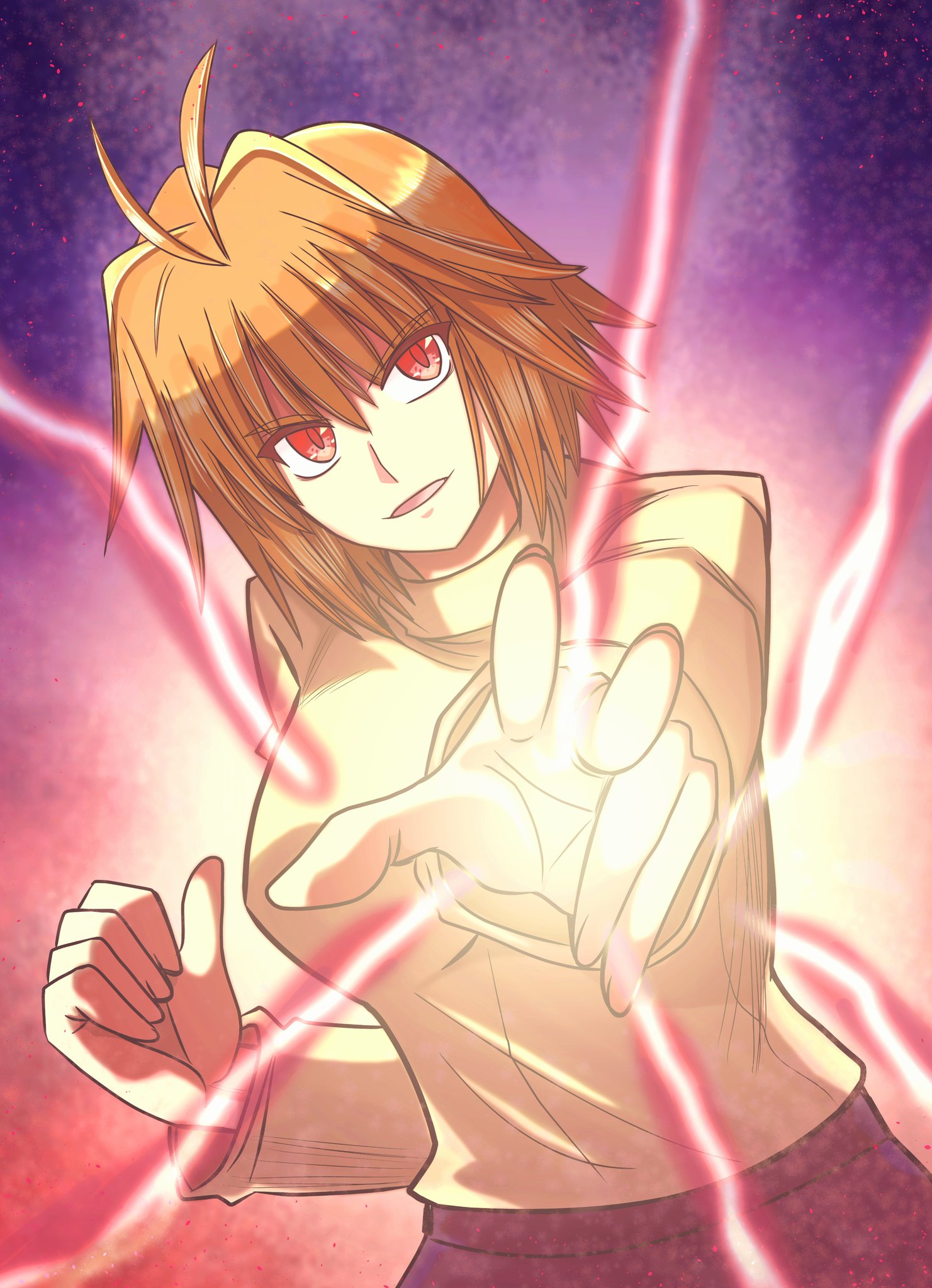 masatoshi ikeda (uug28aiuopy2six), arcueid brunestud, tsukihime, commentary, english commentary, highres, 1girl, ahoge, blonde hair, breasts, energy, fighting stance, hair between eyes, hair intakes, imminent attack, looking at viewer, marble phantasm, purple skirt, reaching, reaching towards viewer, red eyes, short hair, skirt, sweater, turtleneck, turtleneck sweater, upper body, white sweater