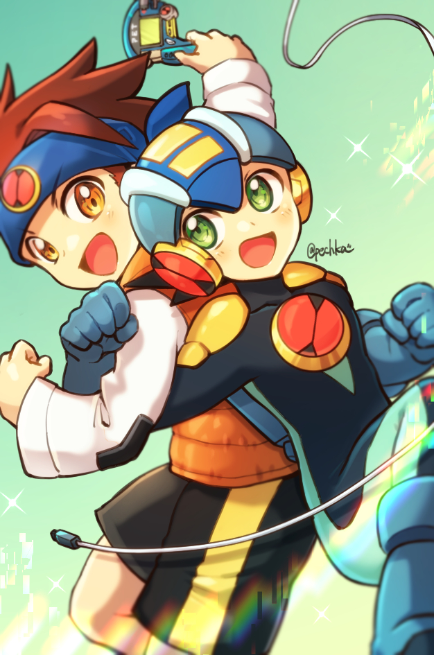 pechka, lan hikari (mega man), megaman.exe, mega man (series), mega man battle network (series), commentary request, 2boys, black bodysuit, black shorts, blue background, blue gloves, blue headband, bodysuit, brown eyes, brown hair, gloves, green eyes, headband, locked arms, male focus, multiple boys, open mouth, orange vest, shorts, sparkle, vest