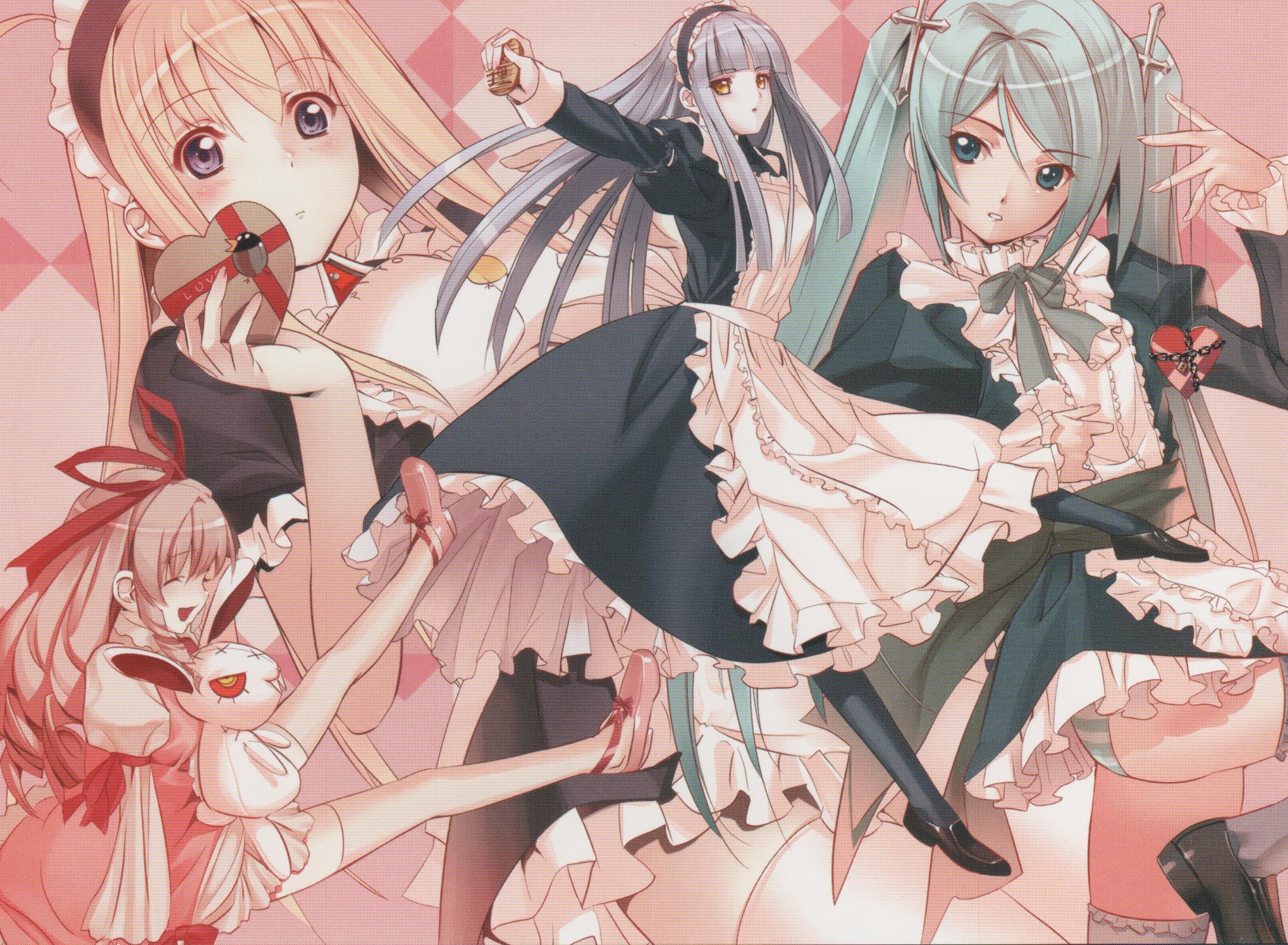 oosaki shin'ya, anna (gekkou no carnevale), iris (gekkou no carnevale), lunaria, perla, gekkou no carnevale, highres, 4girls, blonde hair, blush, closed eyes, color halftone, cross, dress, frills, green eyes, green hair, grey hair, hair ornament, hair ribbon, happy, heart, long hair, maid, maid headdress, multiple girls, panties, pantyhose, pink hair, purple eyes, rabbit, ribbon, striped clothes, striped panties, stuffed animal, stuffed toy, thighhighs, twintails, underwear, yellow eyes